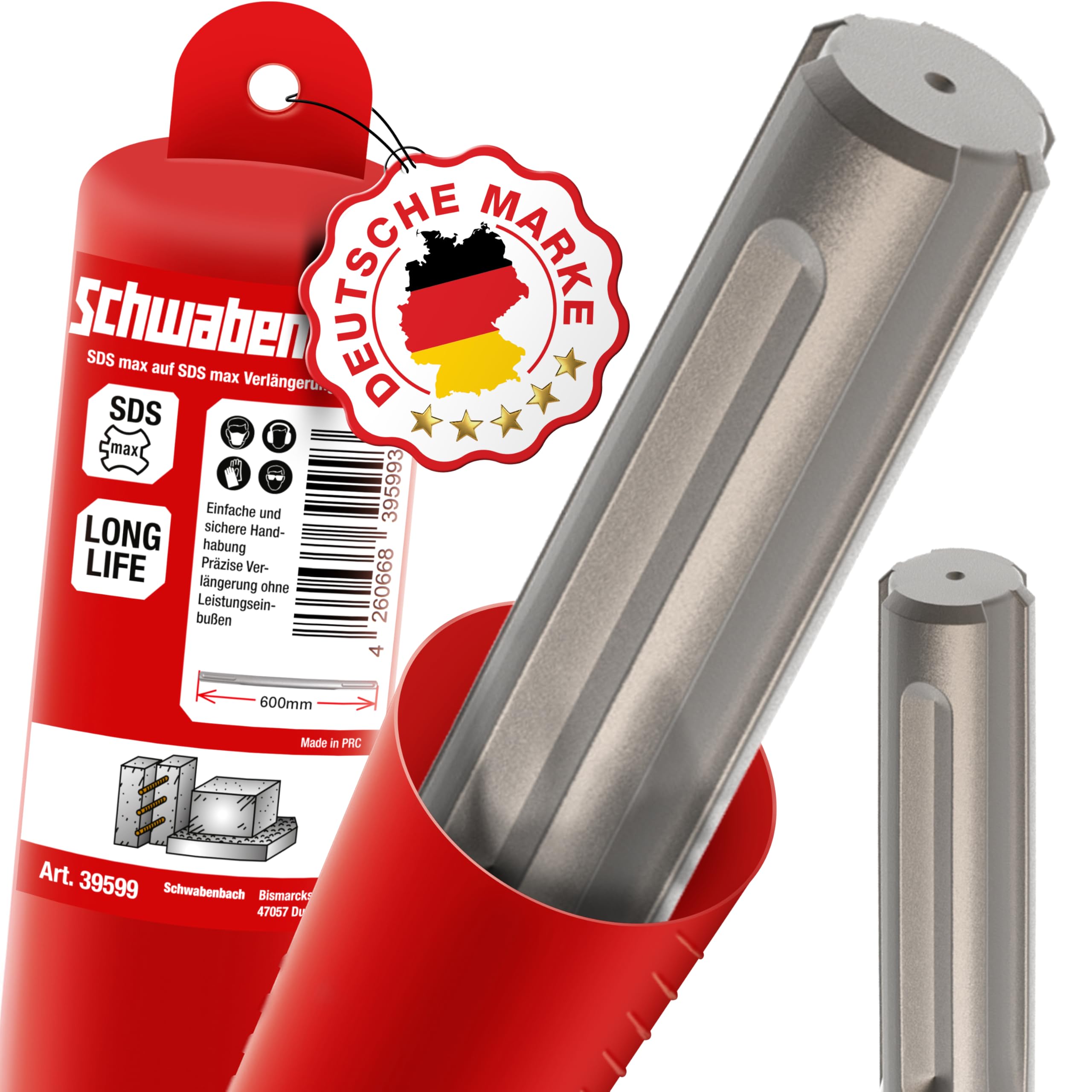 SCHWABENBACH® Extensión SDS Max 600 mm | Adaptador Alargador SDS MAX para Martillo Perforador y Demoledor - Acero 40Cr Reforzado de Alta Resistencia - Adaptador SDS
