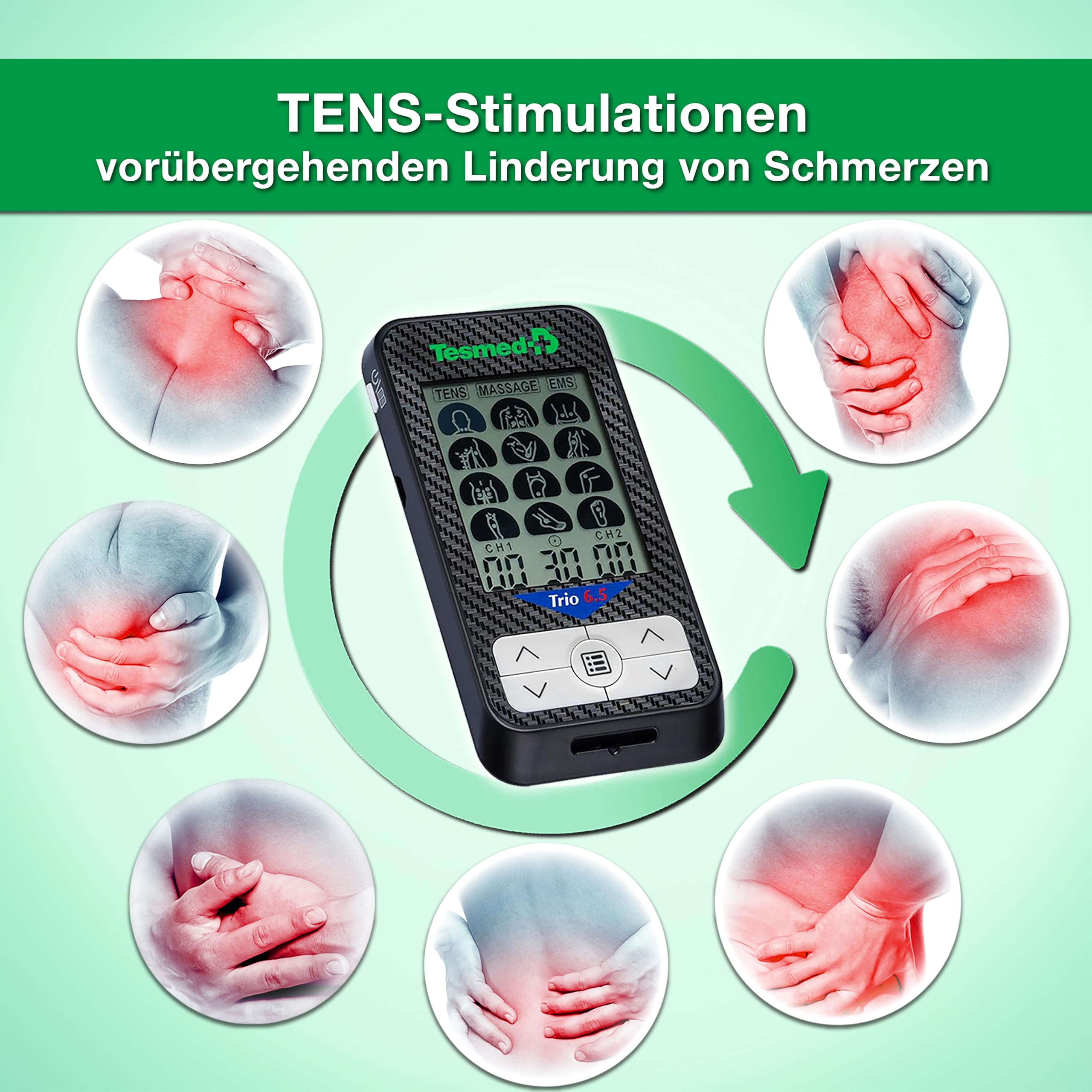 TESMED Trio 6.5: Wiederaufladbarer Muskel-Elektrostimulator per USB - 36 Programme, 40 Intensitätsstufen, 4 Elektroden - EMS, TENS und Massage - Ideal für Fitness und Schmerztherapie