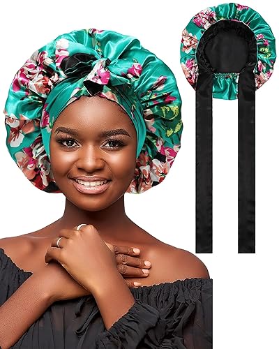 AWAYTR Gorro de satén de seda para mujer, gorro de dormir reversible con banda de corbata, gorro de noche (verde + negro) 7 78-8