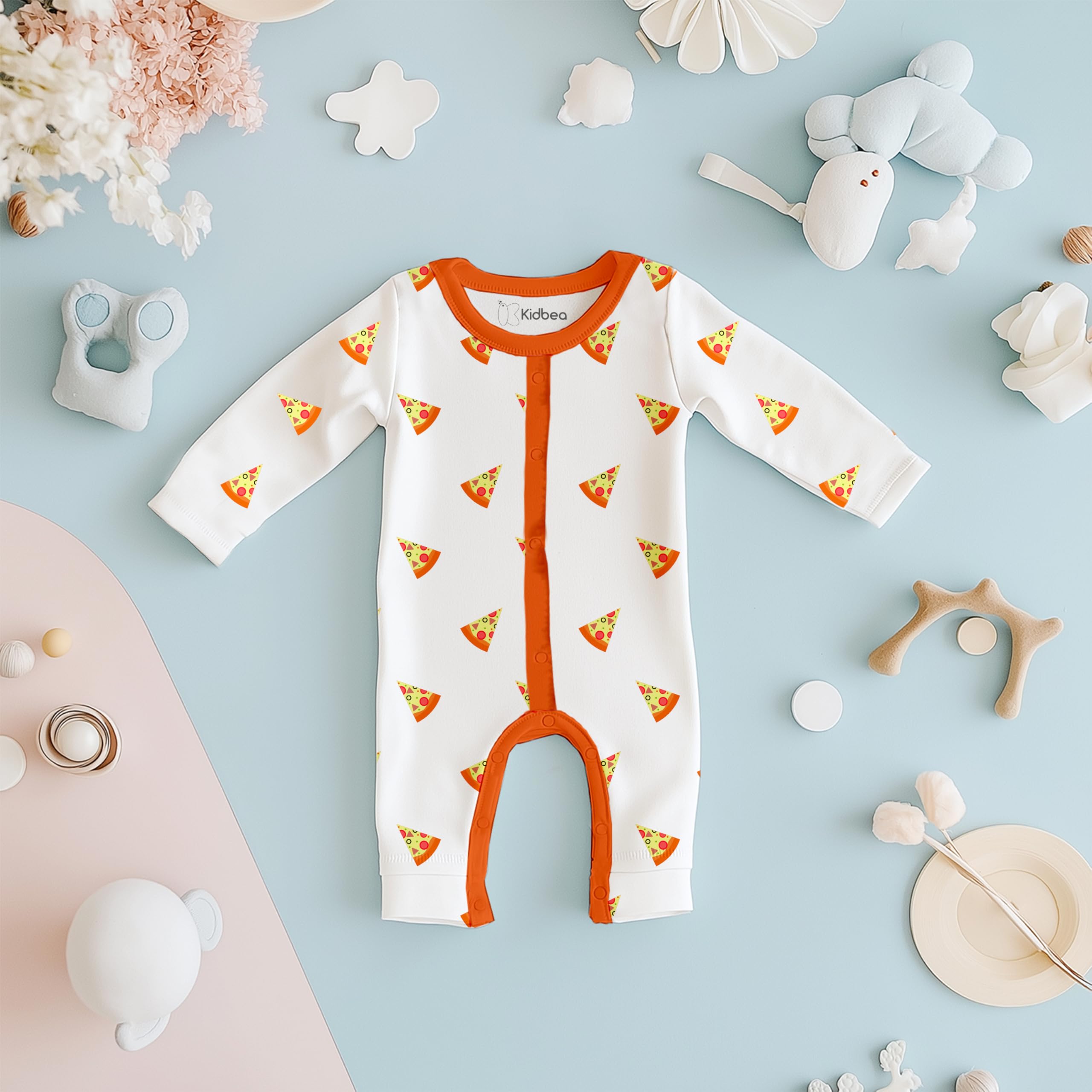 Kidbea® 100% Cotton Romper JumpSuit Night Suits for Infants Newborn Baby Boys & Girls Pizza Printed With Orange Color Size 0-3 Months - Image 4 thumbnail