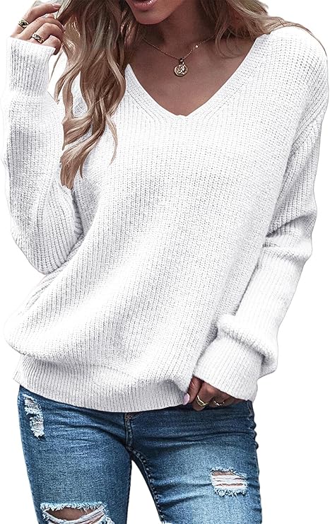 Eurivicy Women's Long Sleeve V Neck Pullover Tops Oversized Chunky Knitted Loose Jumper Sweaters