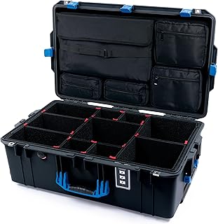Pelican 1595 Case by ColorCase - Black - Large Sized Waterproof Case with TrekPak Divider System & Laptop Computer Lid Pouch - Blue Handles & Latches