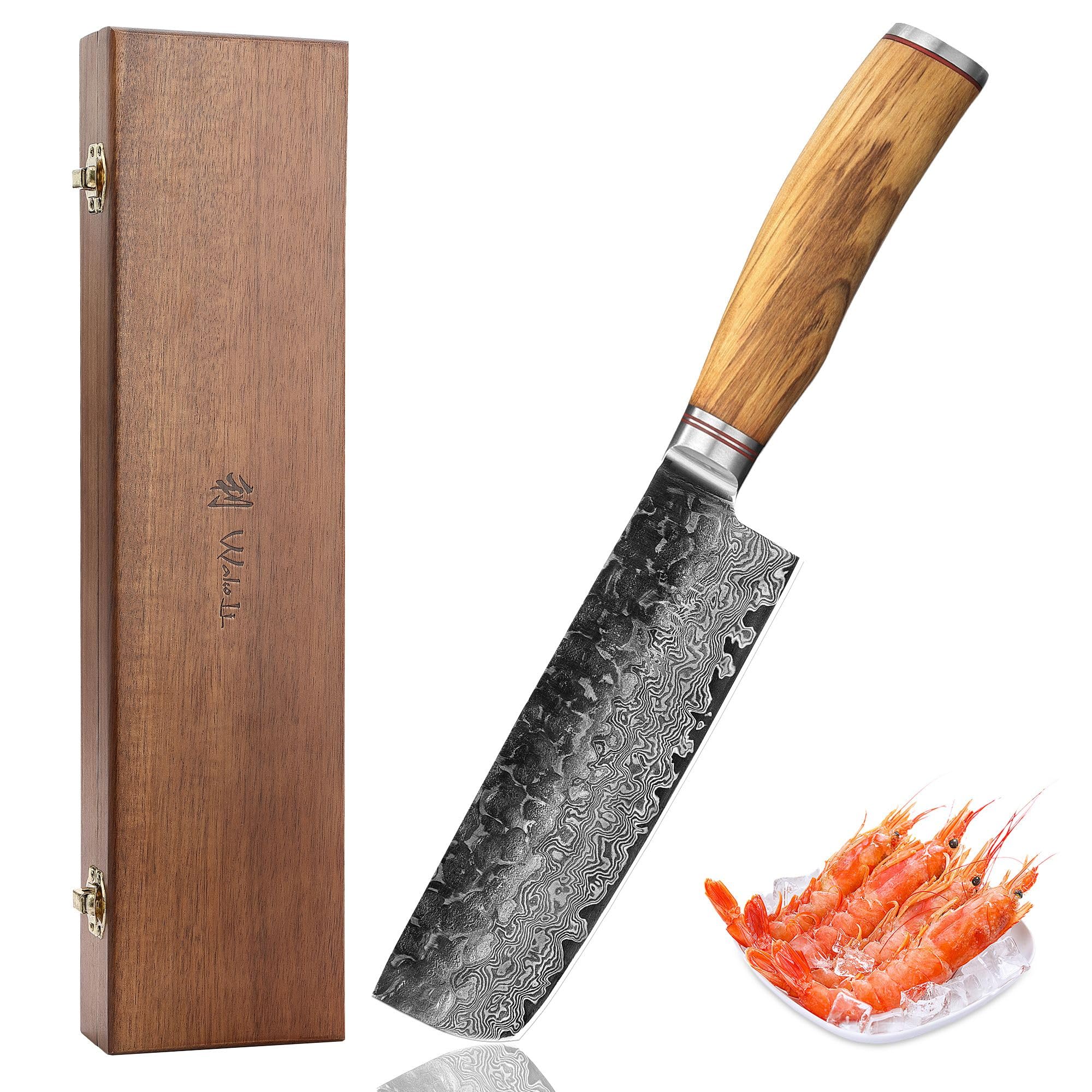 WAKOLI Couteau Nakiri de Cuisine en Damas, 17,5 cm, Manche en Olivier
