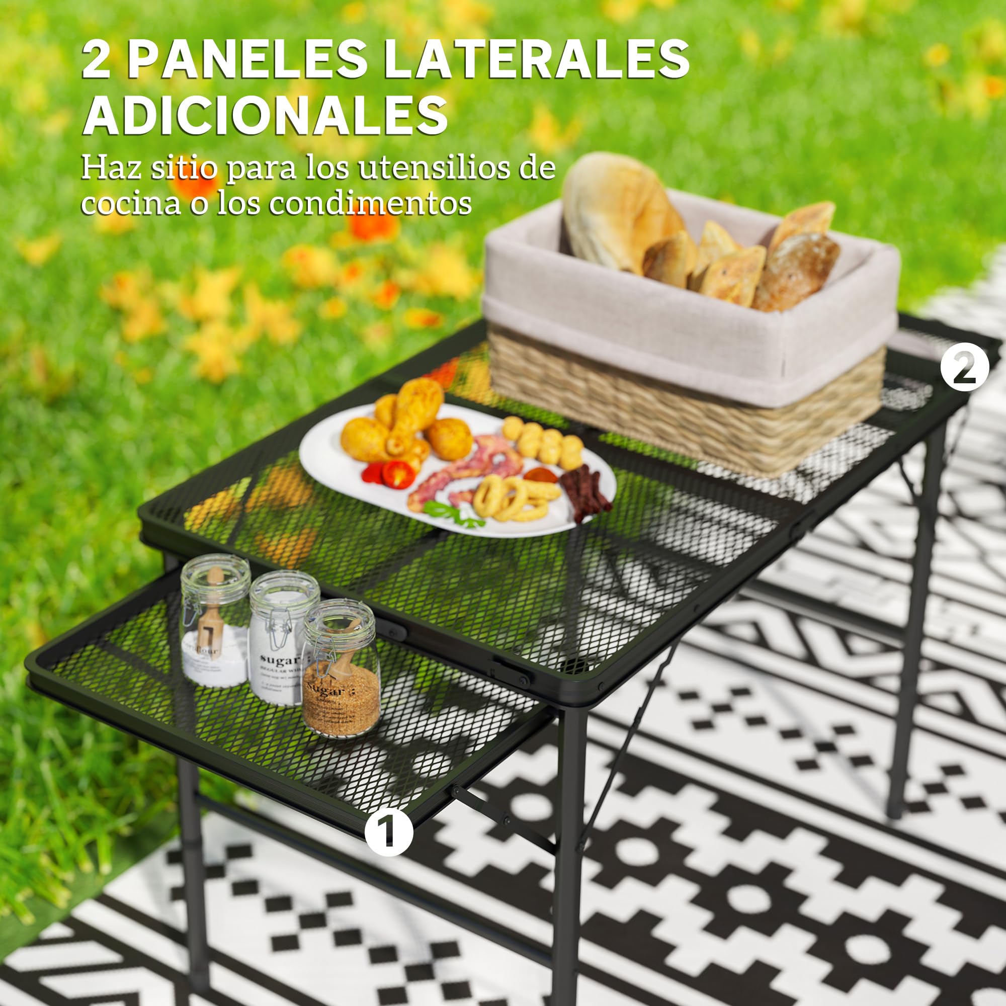 Outsunny Mesa Plegable Camping de Aluminio 137x62x67 cm con Laterales Abatibles y Altura Ajustable Mesa Plegable Portátil Ligera con Encimera Metálica de Rejilla para Acampar Senderismo Playa Negro