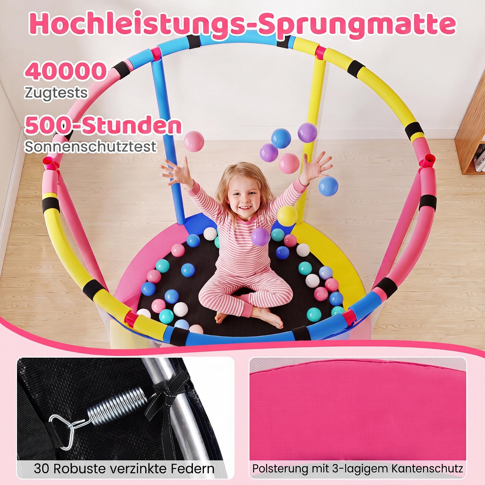 COSTWAY 6 in 1 Kindertrampolin mit Sicherheitsnetz | Trampolin Kinder mit Schaukel, Basketballkorb, Turnstange, Dartscheibe & Barren, Gartentrampolin für Indoor & Outdoor