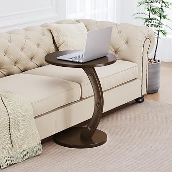 Round C-Shaped Side Table - Small C Shaped End Table for Couch/Sofa, Wood Couch Tables That Slide Under Beside, Space Saving Tables Tray for Living Room, Bedroom, Small Space Dark Walnut
