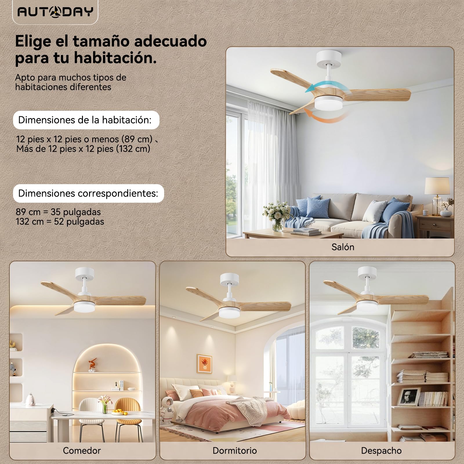 Ventilador de techo con Luz Lámpara LED diámetro 90 cm Ultra Silencioso Ventilador Techo 30 W, 3 Aspas Reversibles,Mando Distancia y Temporizador 1/3/6H,Función Verano-Invierno,6 velocidades