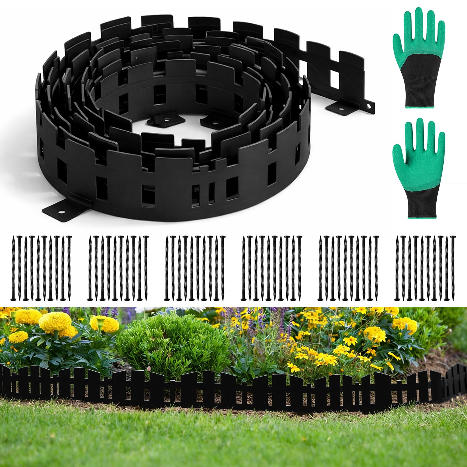 Bordo per prato, in plastica, 10 m, flessibile, con 60 ancoraggi e guanti, per prato, aiuole e sentieri, bordo per tosaerba (nero, 10 m)