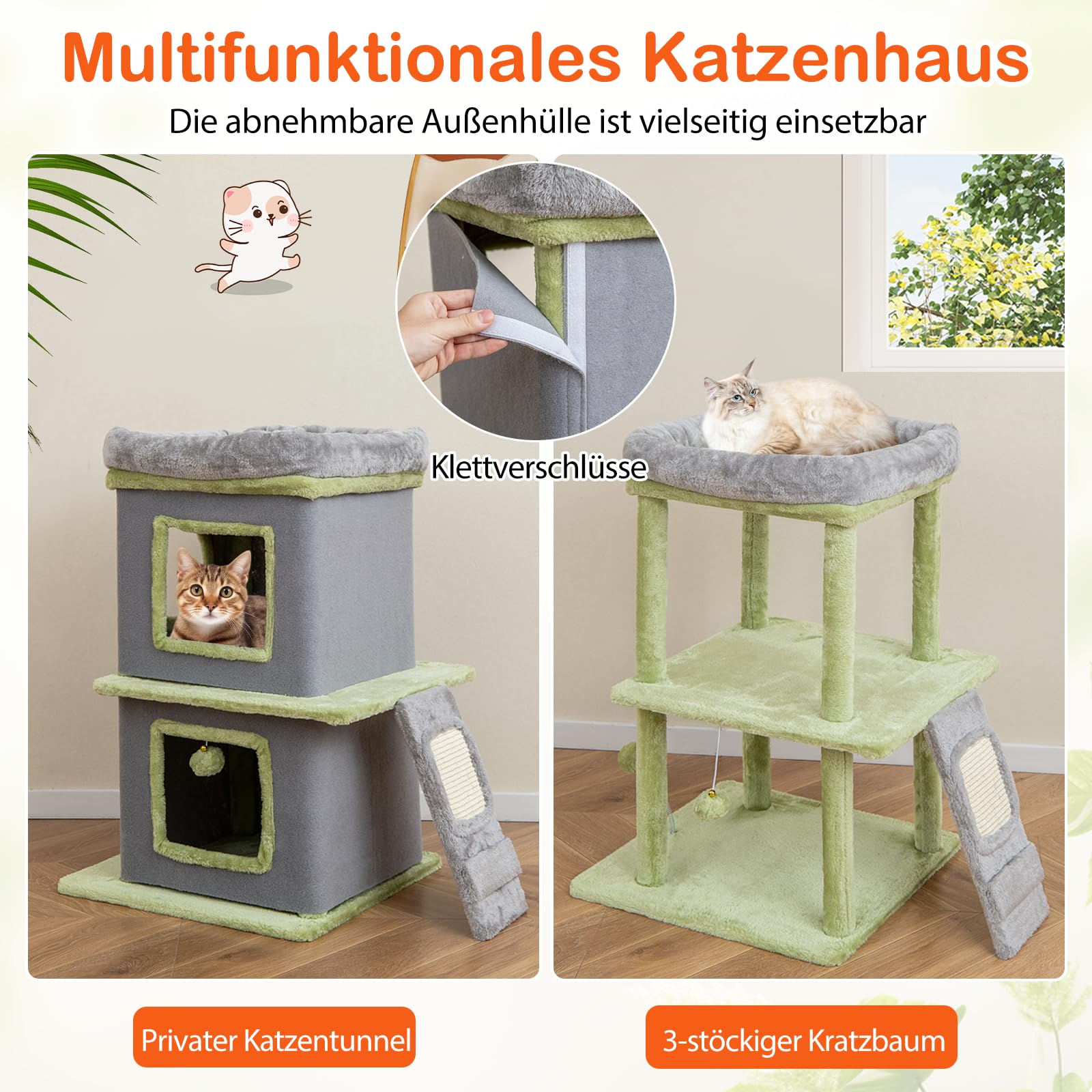 COSTWAY Kratztonne Katzentonne, 3 stöckiger Kratzbaum, Katzenhaus mit großer Liege, Kratzbrett, 2 Katzenhöhlen & Ball, Spieltonne mit Abnehmbarer Hülle, Katzenbaum Katzenkratzbaum Kletterbaum, Grau