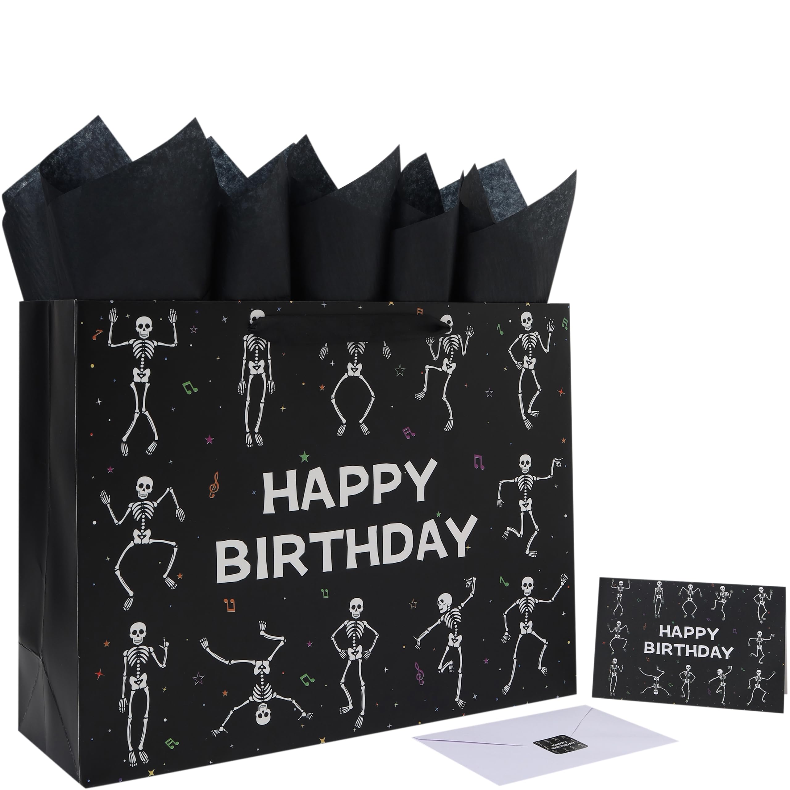 wishinside 16.5'' Extra Large Black Birthday Gift Bag Set with Handles, Greeting Card, Tissue Papers and Stickers for Men Boys Kids Teens for Birthday Party, 1 Pcs