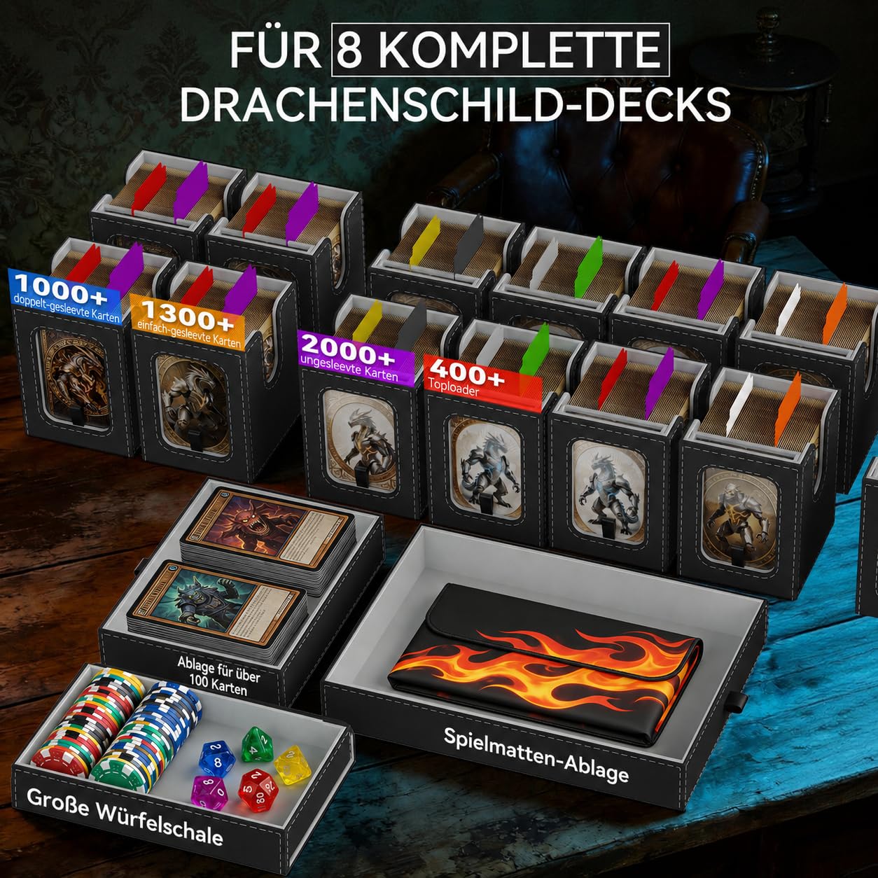 MTG Deckbox 11in1 Commander Deck Box,8 Deck sammelkarten aufbewahrungsbox mit Display&WüRfelablage1000+ DoppelhüLsenkarten,Abnehmbare Sammelkarten Box mit35pt Magnetischen Kartenhaltern Grau
