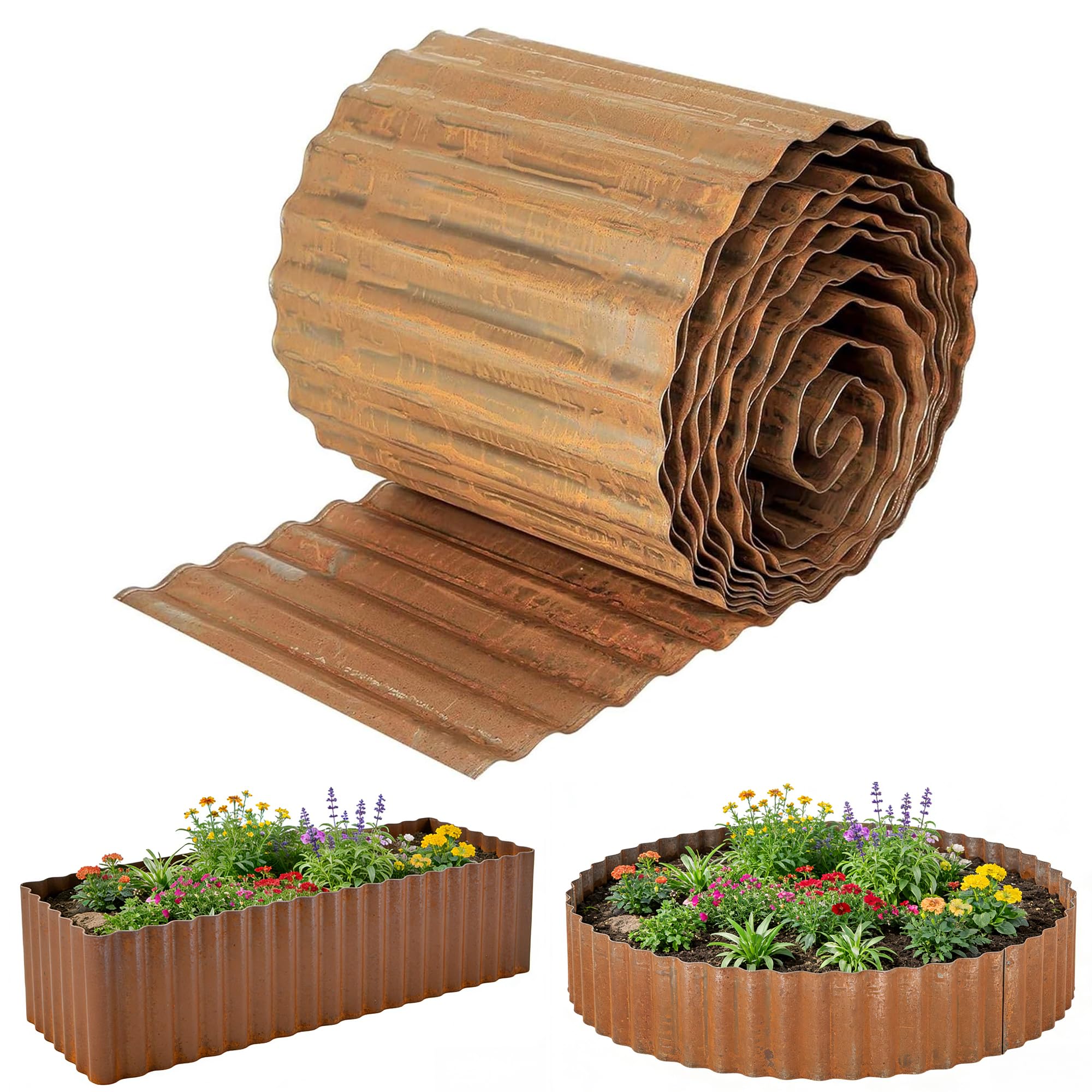 Metal Lawn Edging, 6 Inch x 40 Ft Sturdy Corrugated Garden Edging Border Flexible Metal Edging for DIY Flower Beds, Lawns, Pathway (Rust, 15 cm X 12 m)