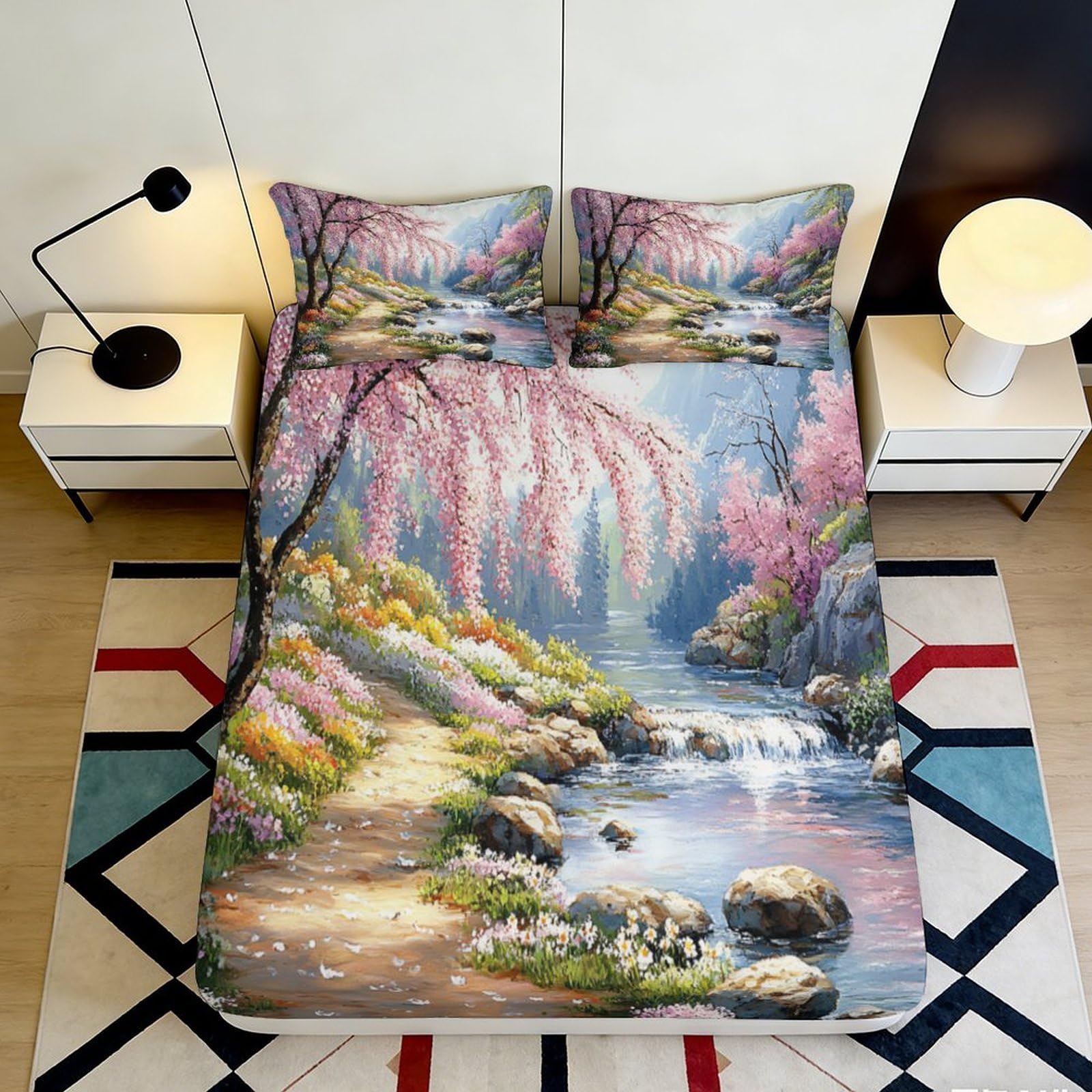 Dhbaneiok Style-6 3D Printed Spring Garden Fitted Sheet Microfiber Soft Scenic River Bed Cover For Bedroom Guest Room Dorm Decor 90X200x25cm