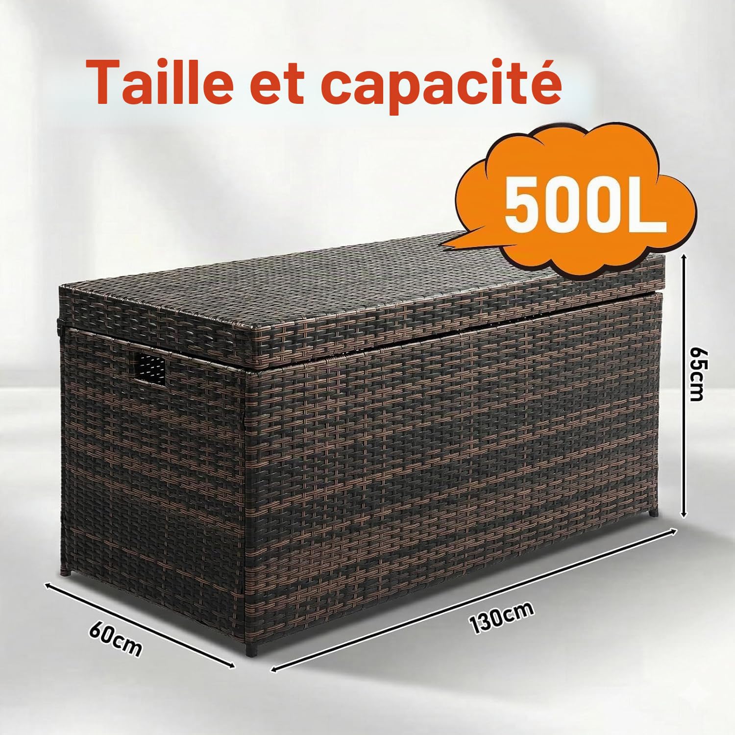 Coffre de jardin en polyrotin avec couvercle, étanche, 500 l, avec charnière flexible, résistant aux UV, résistant à la rouille, grande capacité, dégradé de couleur marron