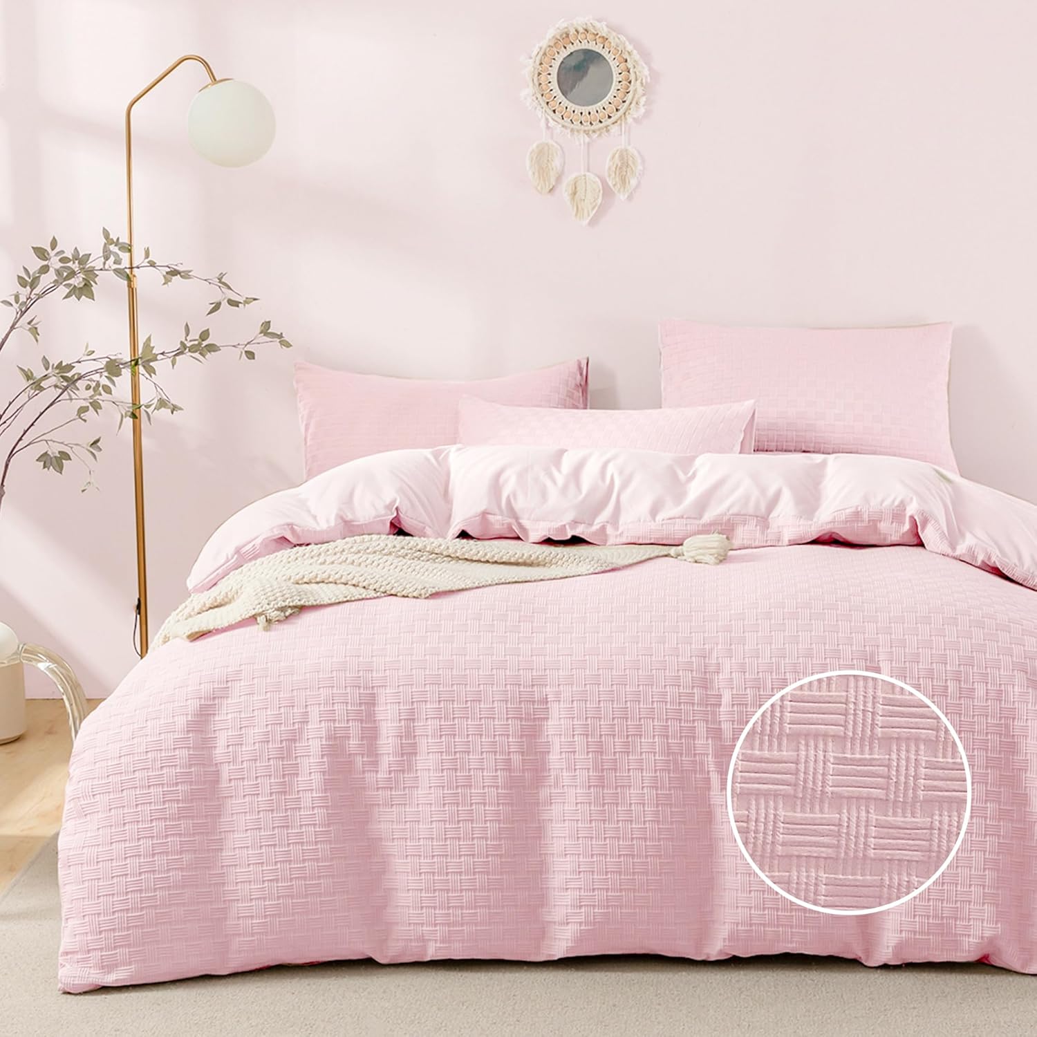 JELLYMONI Pink Duvet Cover Queen Size - 3 Pieces Soft and Breathable Microfiber Knitted Jacquard Waffle Weave Striped Comforter Cover with 8 Corner Ties & Zipper Closure Pink Queen(90"×90")