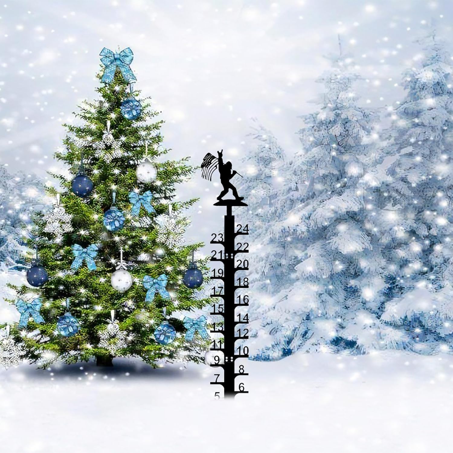 Iron Art Snow Gauge, 24inch Snow Gauge, Outdoor Measuring Gauge, Metal Detachable Snow Measuring Stick, Rain Gauge Garden Stakes for Yard, Lawn & Garden, Easy to Read, Waterproof (Holding Flag)