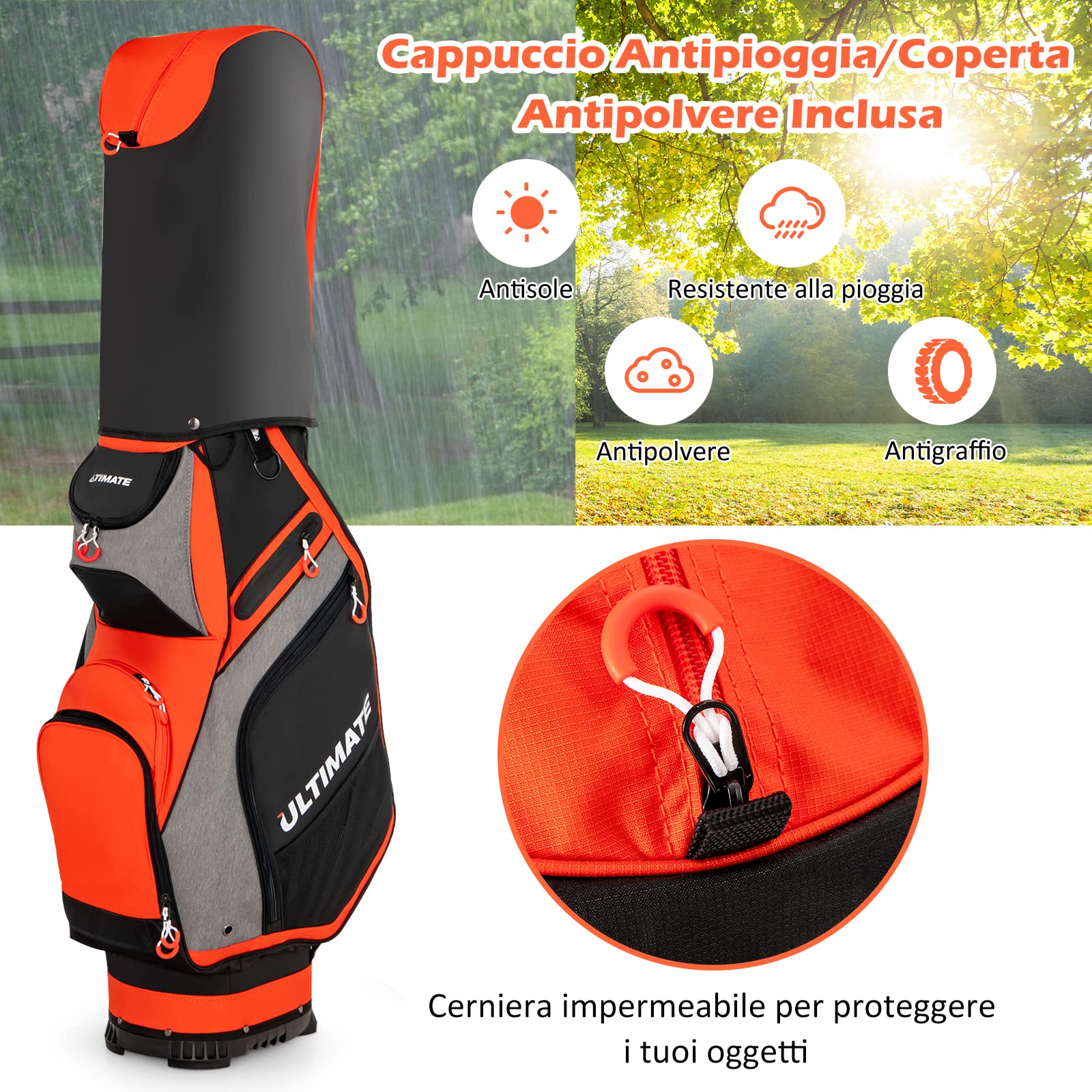 COSTWAY Borsa da Golf Portatile con 14 Divisori Superiori a Tutta Lunghezza, 7 Tasche con Cerniera, Cappuccio Antipioggia, Tracolla, Manico e Portaombrelli, Ideale per Uomini e Donne (Rosso e Grigio)