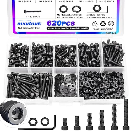 Miniatura 1 de mxuteuk Kit de tornillos M3 de 620 piezas, tornillos M3 adecuados para impresoras 3D, pernos M3 de acero de aleación de grado 12.9, M3 x