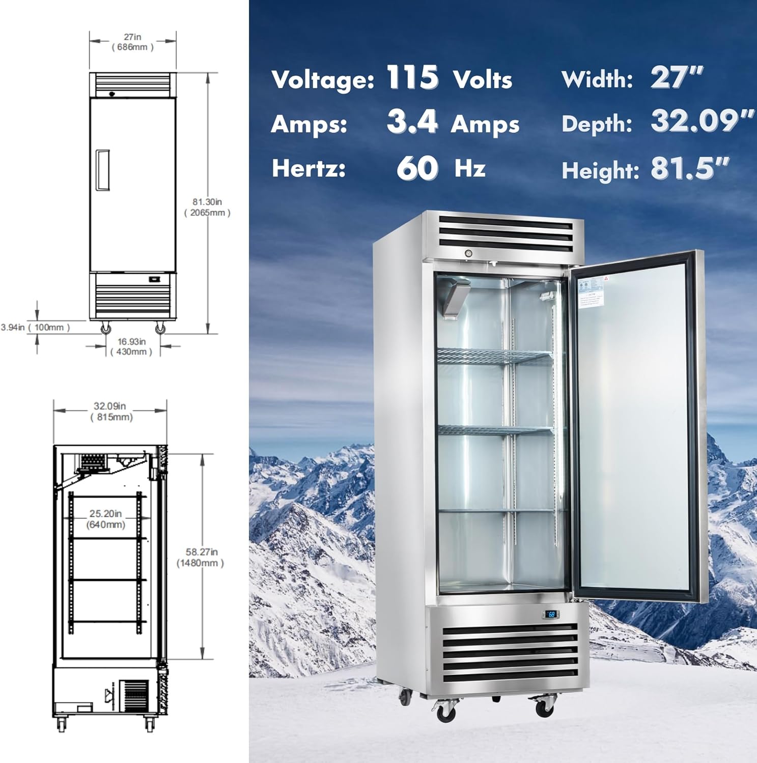 HECMAC 27" Commercial Refrigerator, 23 Cu.ft Reach-In Upright Fridge with Solid Door, 33~40℉, 18-8 Stainless Steel Interior, 3 Shelves, ETL&NSF/ANSI 7 for Restaurant, Bar, Shop, Kitchen Use