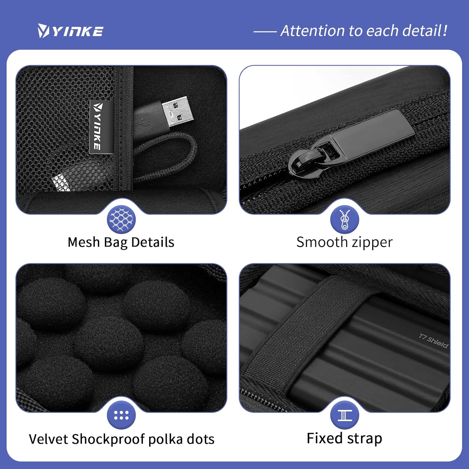 YINKE Case Compatible with Samsung T7 Shield/ T9 / T7 Touch Portable SSD USB 3.2 1TB, 2TB, 500GB, Hard EVA Portable Travel Storage Protective Cover (Black) - Image 3