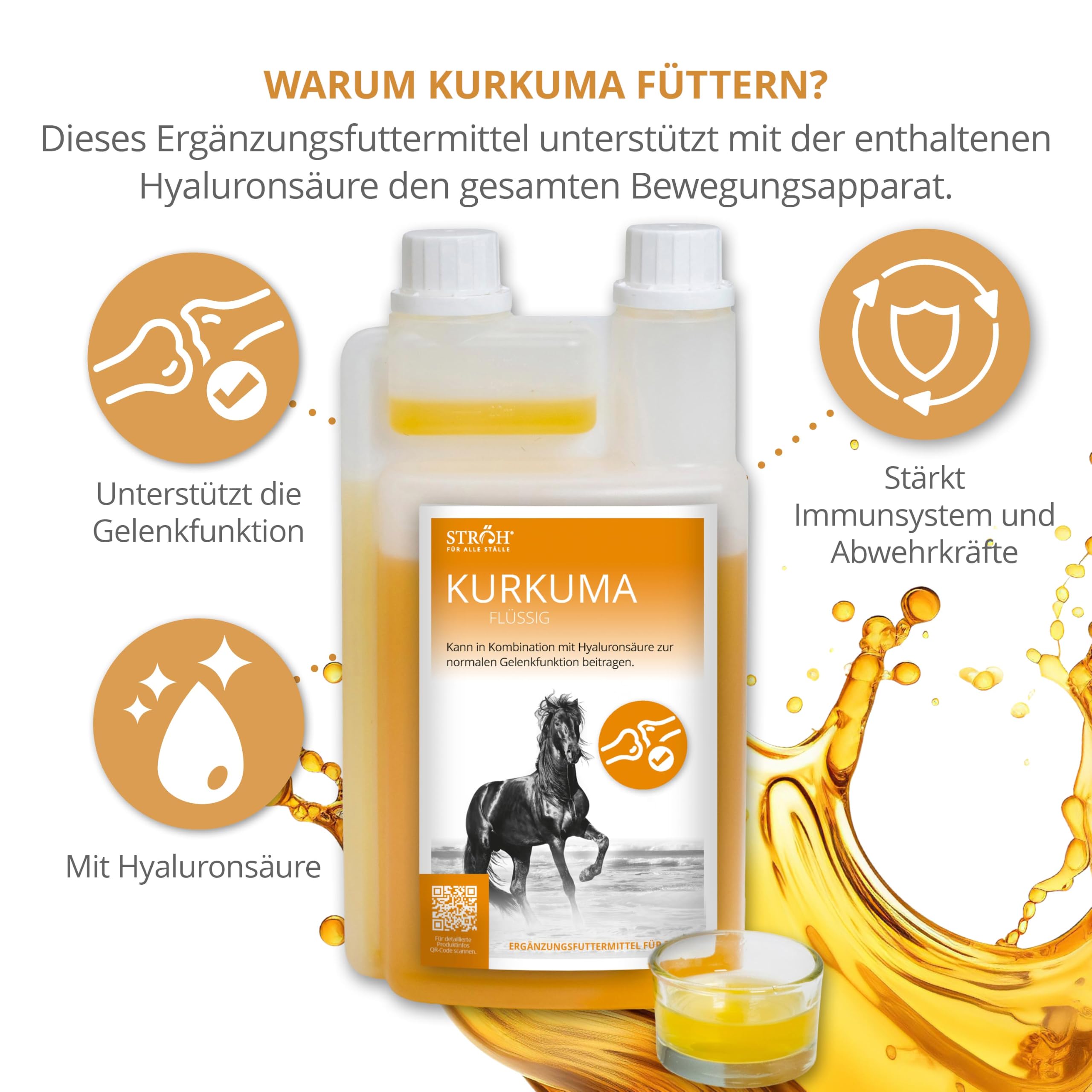 STRÖH Kurkuma flüssig für Pferde - Mit Hyaluronsäure - 1L Dosierflasche