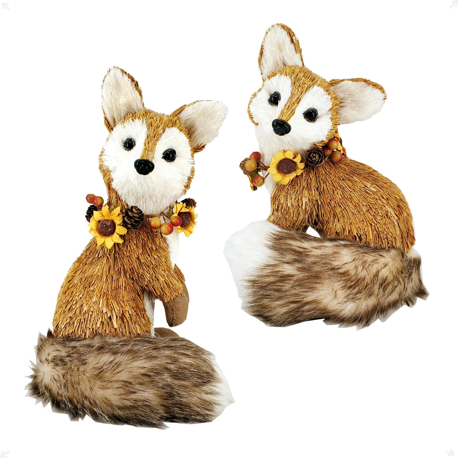Nature Vibe 11 Inches Fox Decor Set of 2,Natural Sisal Fox Figurine with Floral Garland for Fall Decorations,Realistic Woodland Animals Figurine as Autumn Decor or for Harvest Festival
