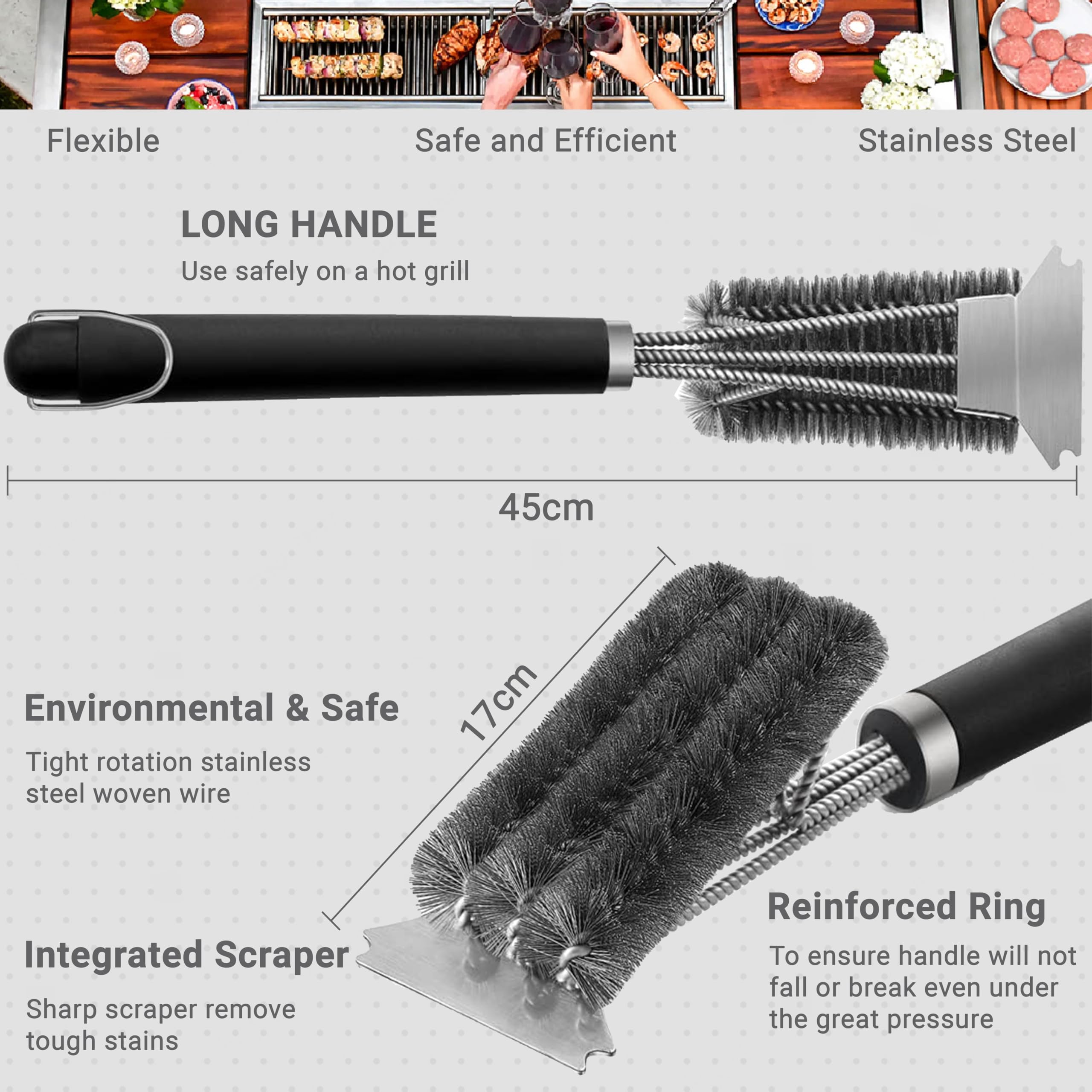 BBQ Grill Cleaning Brush with Stainless Steel Scraper, Heavy Duty Wire Bristles & Long Handle, 2-in-1 Barbecue Cleaner for Gas, Charcoal & Electric Grill, BBQ Cleaning Brush Set with Bonus Brush - 4