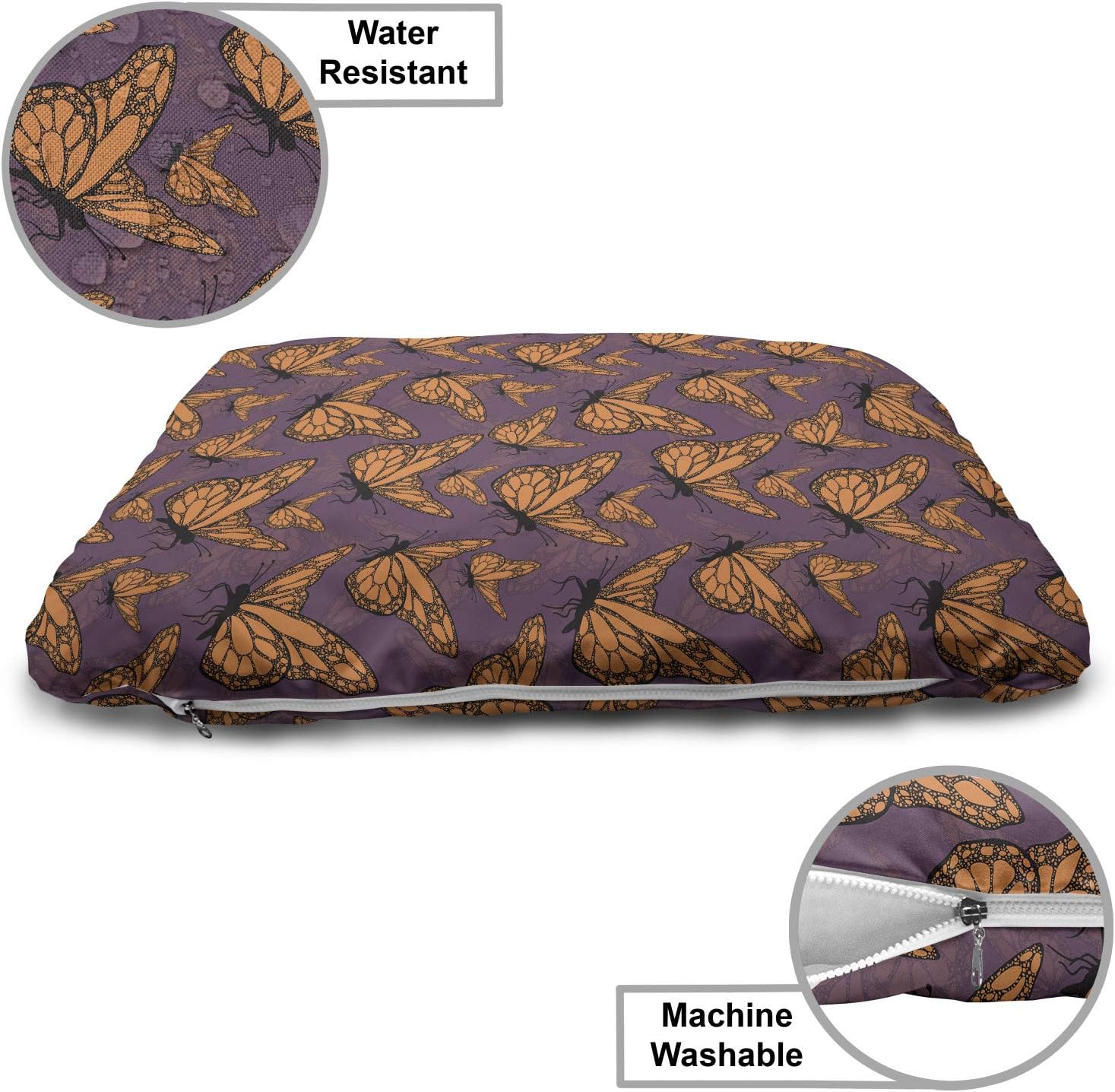 review Ambesonne Butterfly Pet Bed, Continuous Dark Orange Tone Insects with Dotted Detailed Wings, Chew Resistant Pad for Dogs and Cats Cushion with Removable Cover, 24