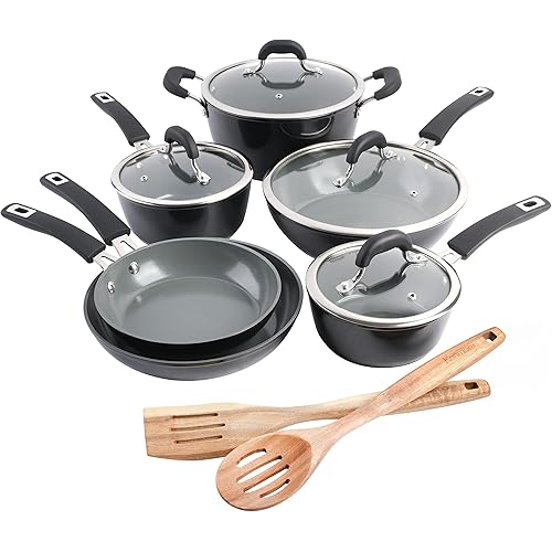 Kenmore Arlington Healthy Nonstick Ceramic Coated Forged Aluminum Induction Cookware, 12-Piece, Black Exterior/Grey Interior