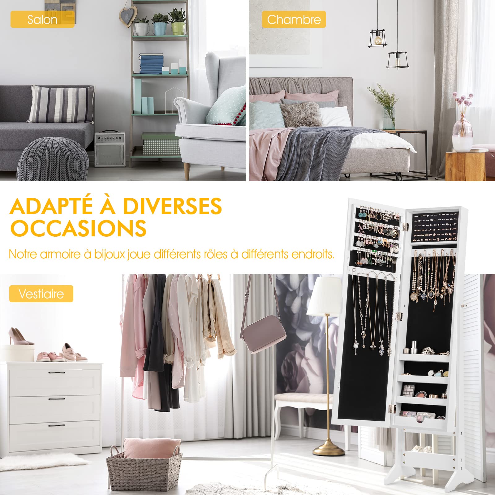 RELAX4LIFE Armoire à Bijoux sur Pieds avec Miroir Pleine Longueur HD 4 Angles Réglables, Armoire à Bijoux avec Grand Espace de Rangement pour Chambre, Vestiaire, Salle de Bain (Blanc)