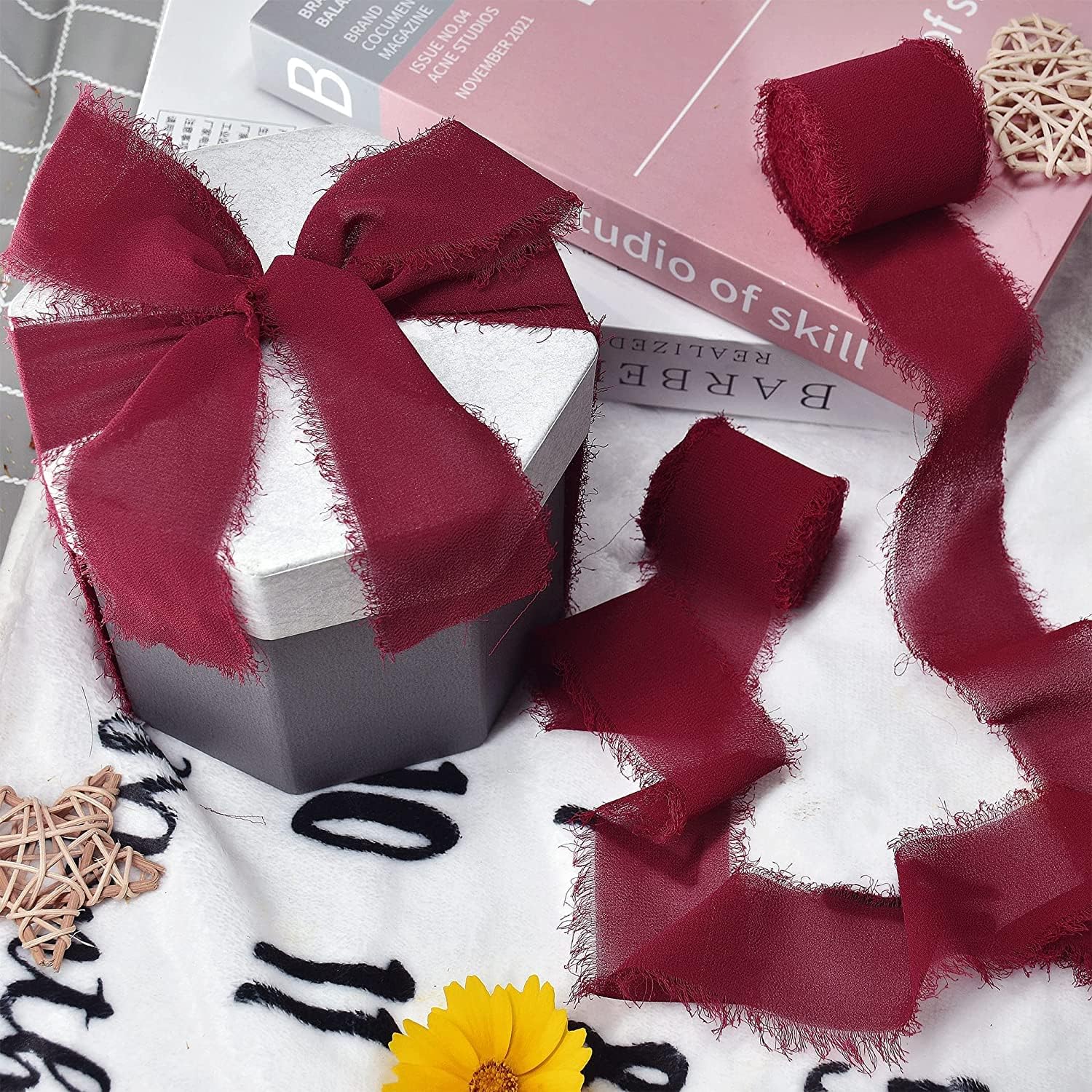 14 Yards 2 Inch Handmade Fringe Chiffon Silk Ribbon Frayed Ribbons Sage Green Ribbon Gift Ribbon Fabric Ribbon for Gifts Wrapping Wedding Decoration Bridal Bouquets DIY Crafts (Red)