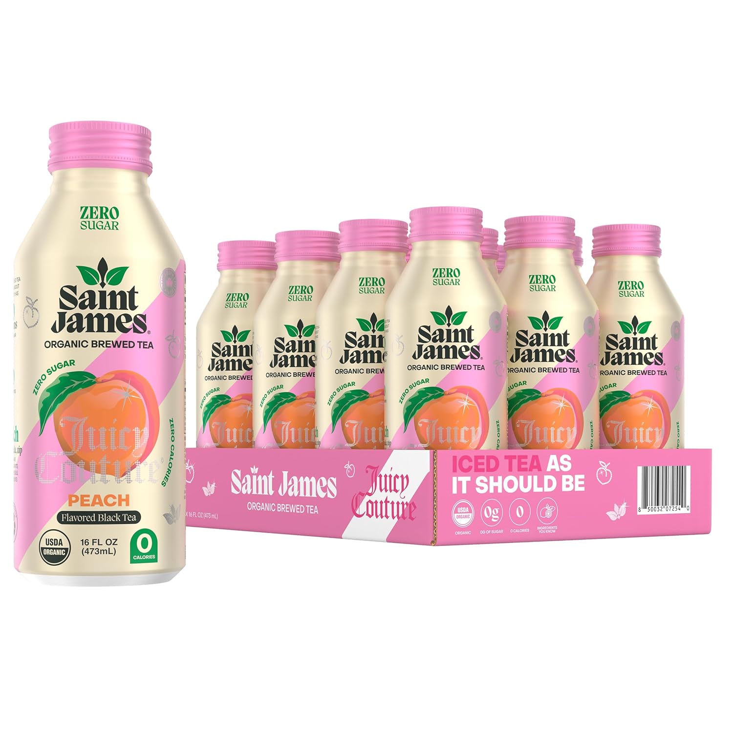 Saint James Iced Tea x Juicy Couture Limited Edition - Organic Black Tea - Non-GMO, Gluten Free, Zero Calorie, Zero Sugar - Juicy Peach, 12 Pack (16 fl oz each)