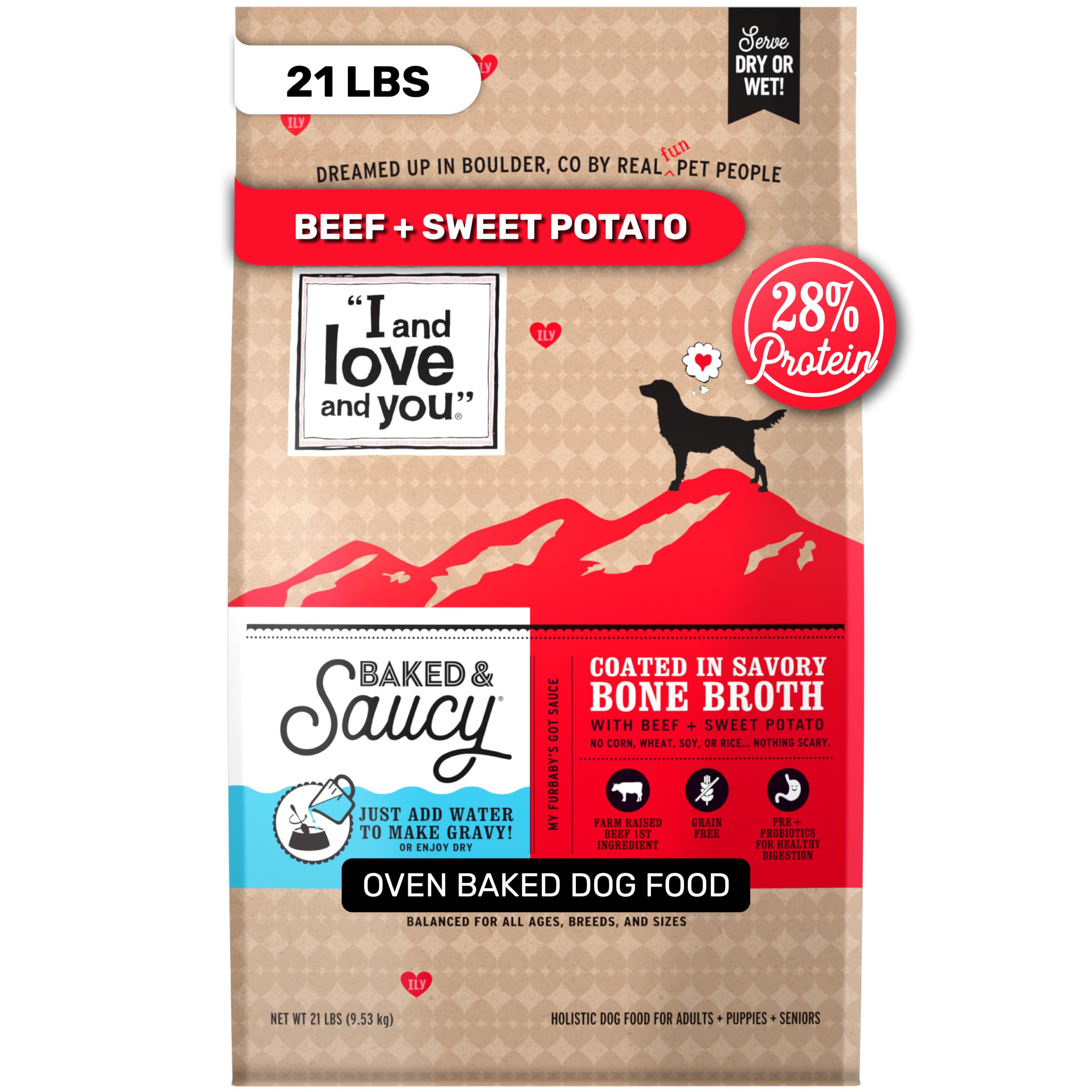 I AND LOVE AND YOU Baked and Saucy Dry Dog Food - Beef + Sweet Potato - Prebiotic + Probiotic, Real Meat, Grain Free, No Fillers, 21lb Bag