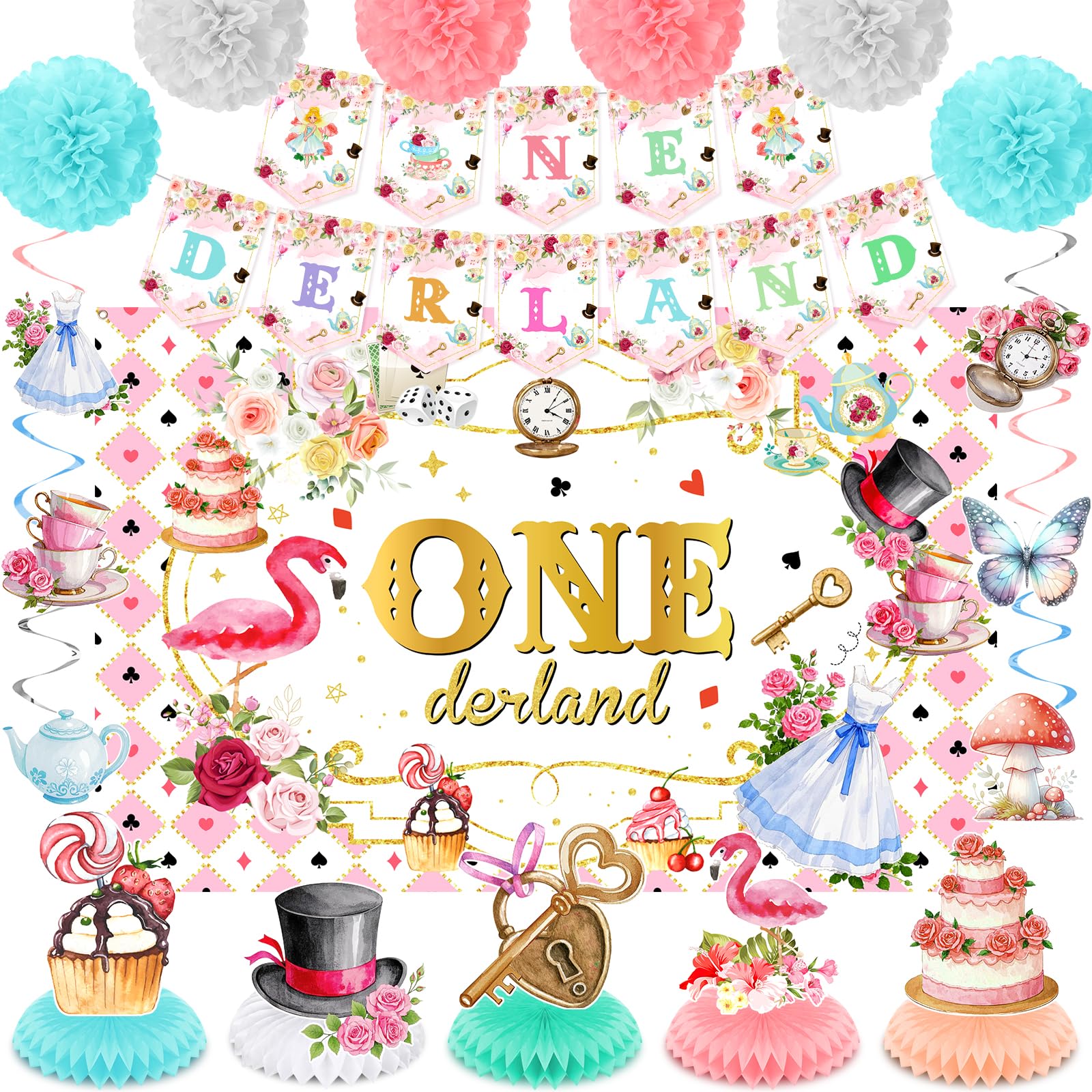 Wonderland 1st Birthday Party Decorations Onderland 1st Birthday Banner Butterfly Flower Key Clock Backdrop Hanging Swirls Centerpieces Paper Pompoms
