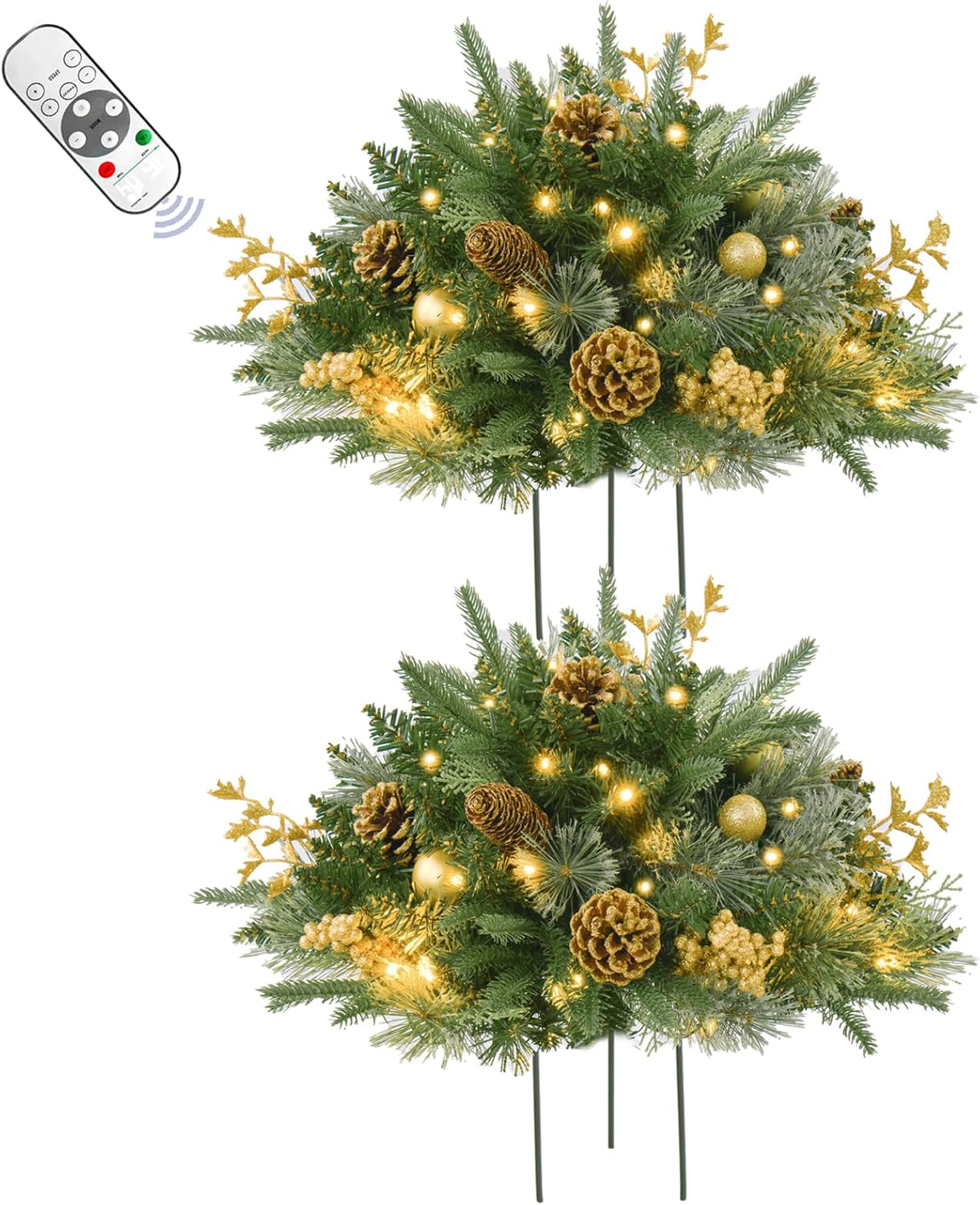 2 Pack 24 Inch Lighted Outdoor Christmas Tree with Dual Color LED Lights, Remote Control Battery Operated Pre-lit Pathway Urn Filler, Christmas Porch Decorations for Home, Porch & Yard Green Gold 2ft 6in