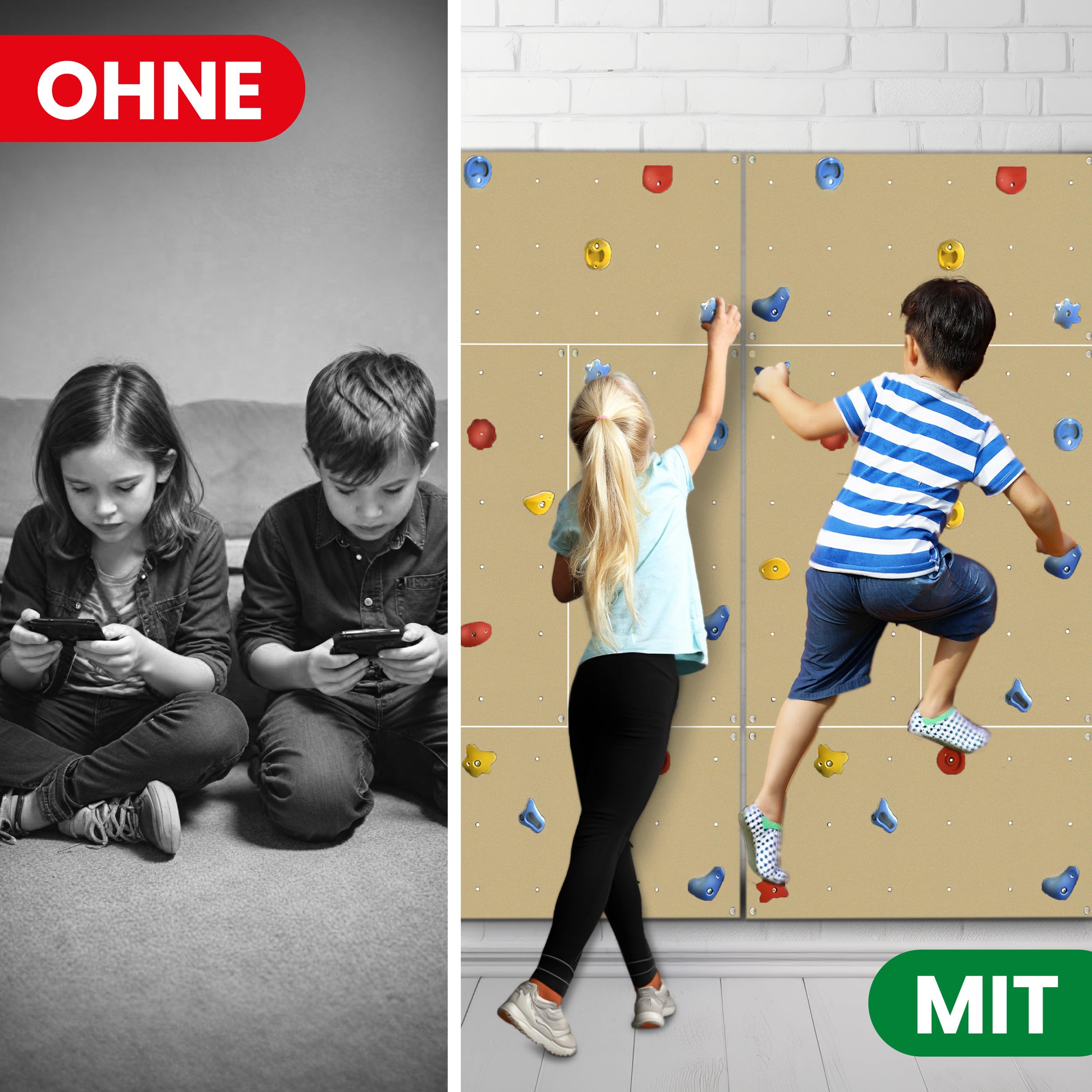 Gartenpirat Kletterwand Indoor IW8 5,20 m² – Boulderwand für Innen mit 40 bunten Klettersteinen acht Platten 114x57 cm – vormontiert inkl. Montagematerial – ideal fürs Kinderzimmer