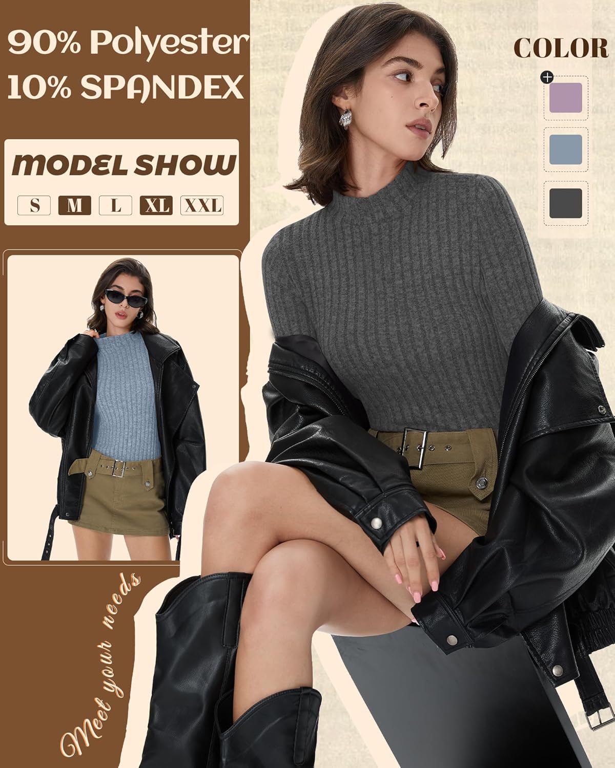 3 Pack Women's Mock Turtleneck Sweater Ribbed Knit Long Sleeve Tops Soft Thermal Layering Shirts