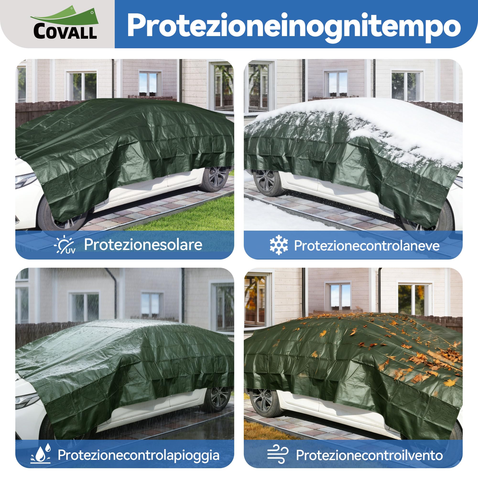 Telone blu 6x10m，75g/㎡ telo impermeabile esterno verde/blu,di plastica multifunzione anti-strappo UV con foro occhio coperchio,adatta per campeggio,giardino,legno,Copertina per furgone