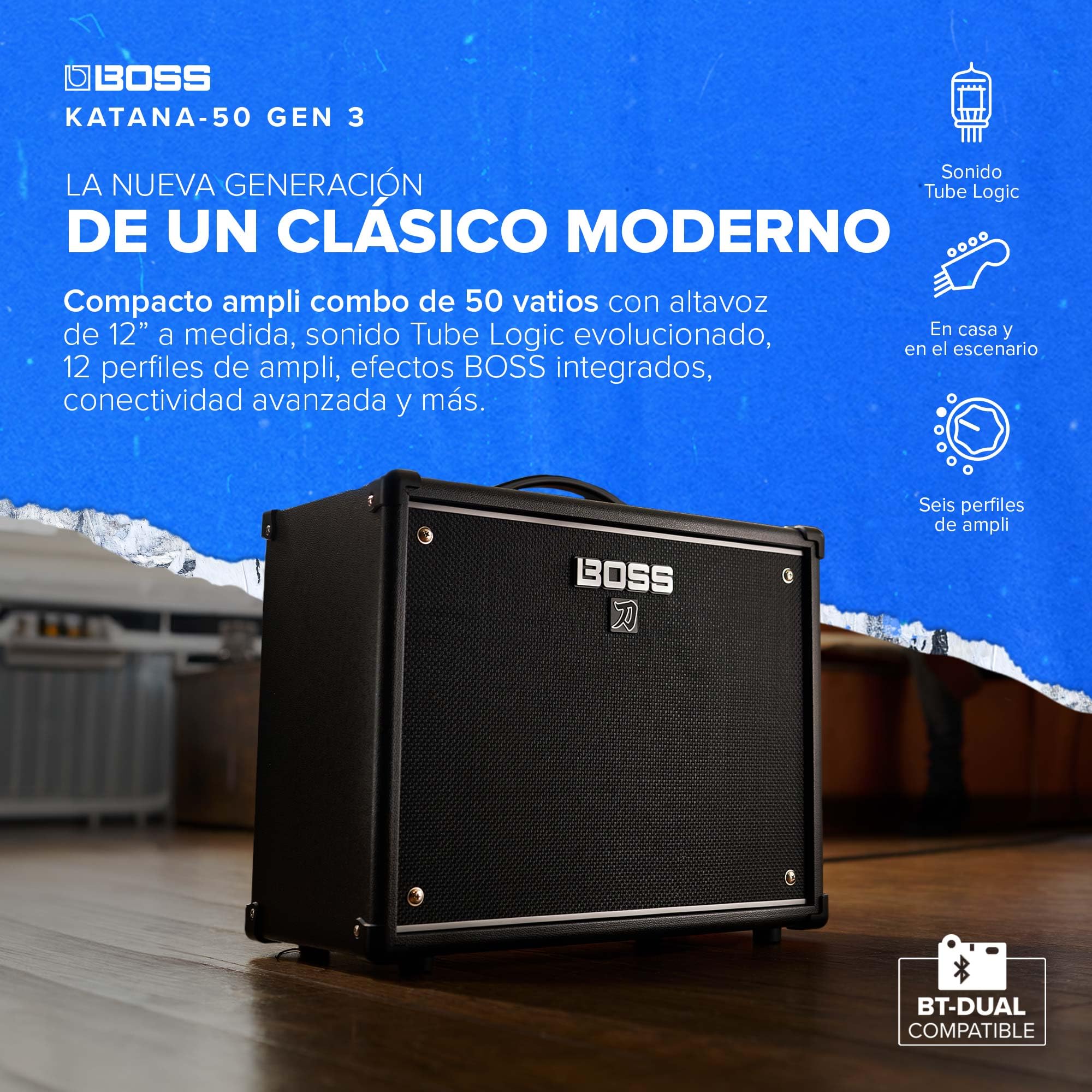BOSS Katana-50 Gen 3 Amplificador de Guitarra | Compacto Amplificador Combo de 50 vatios | Altavoz a Medida de 12” | Sonido Tube Logic evolucionado | 12 perfiles de Amplificador