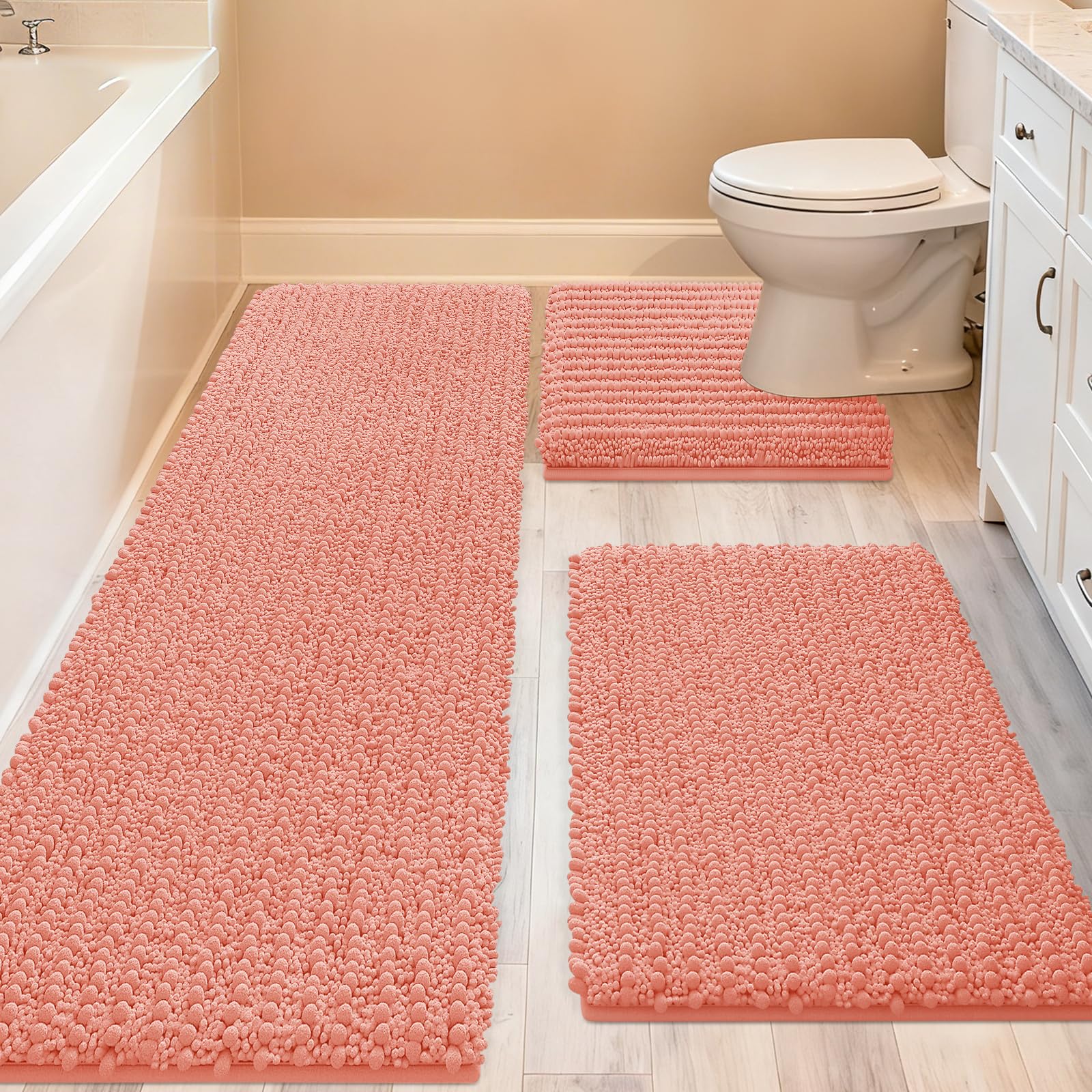 accumtek upgrade extra large coral bathroom rug set 3 pieces ultra soft, thick absorbent bath mats, non slip chenille toilet mat for bathroom, bedroom, kitchen