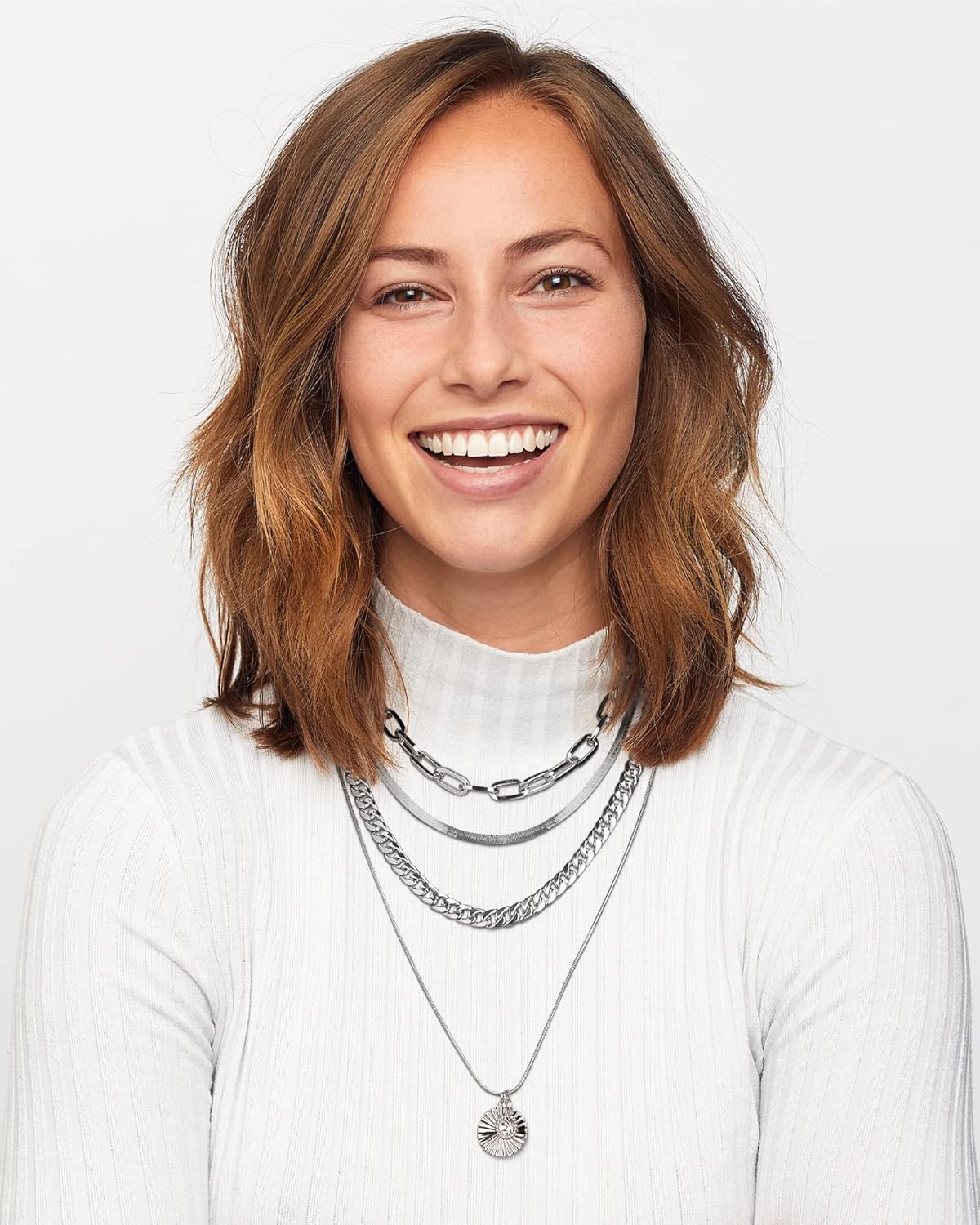 Nautica Rhinestone Disc Pendant Layered Necklace for Women Rhodium Plated Alloy Four Row White Chain 14 - 22 Inches - Image 2