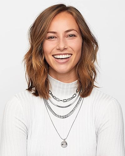 Miniatura 2 de Nautica Collar en capas con colgante de disco de diamantes de imitación para mujer, aleación chapada en rodio, cadena blanca de cuatro filas, 14-22