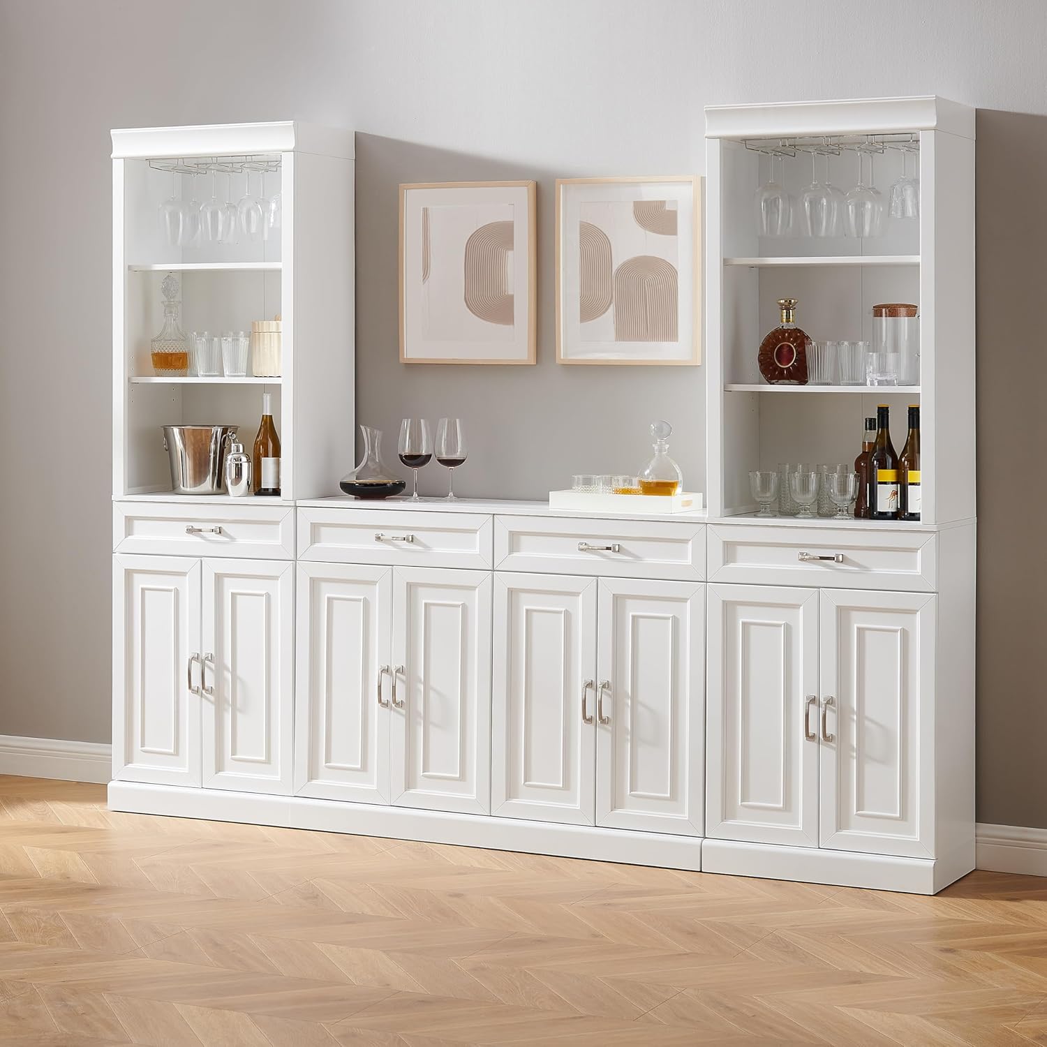 Crosley Furniture Stanton 2-Piece Wine, Liquor, Coffee Bar Cabinet Set with Sideboard and Storage Shelves, White