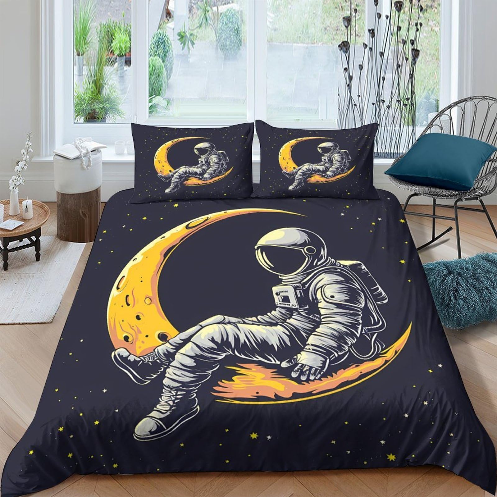 Ctjqhvkz Style-9 3D Printed Astronaut Moon Fitted Sheet Microfiber Soft Black Yellow Space Mattress Cover Bedroom Dorm Decorative Bed Protection Single（135X200cm）