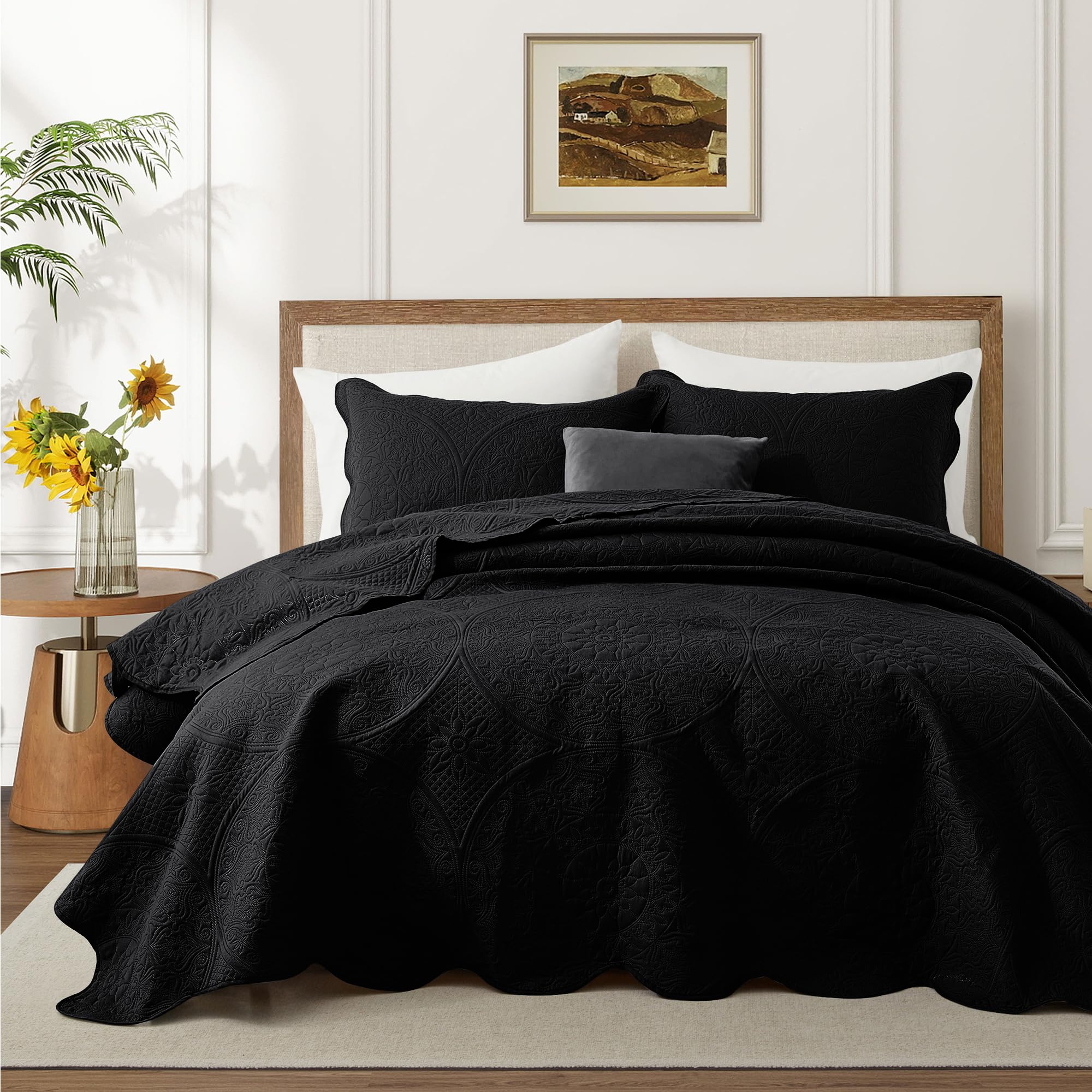 King Quilt Set Bedspread Coverlet Bedding Floral Black 106"x96"