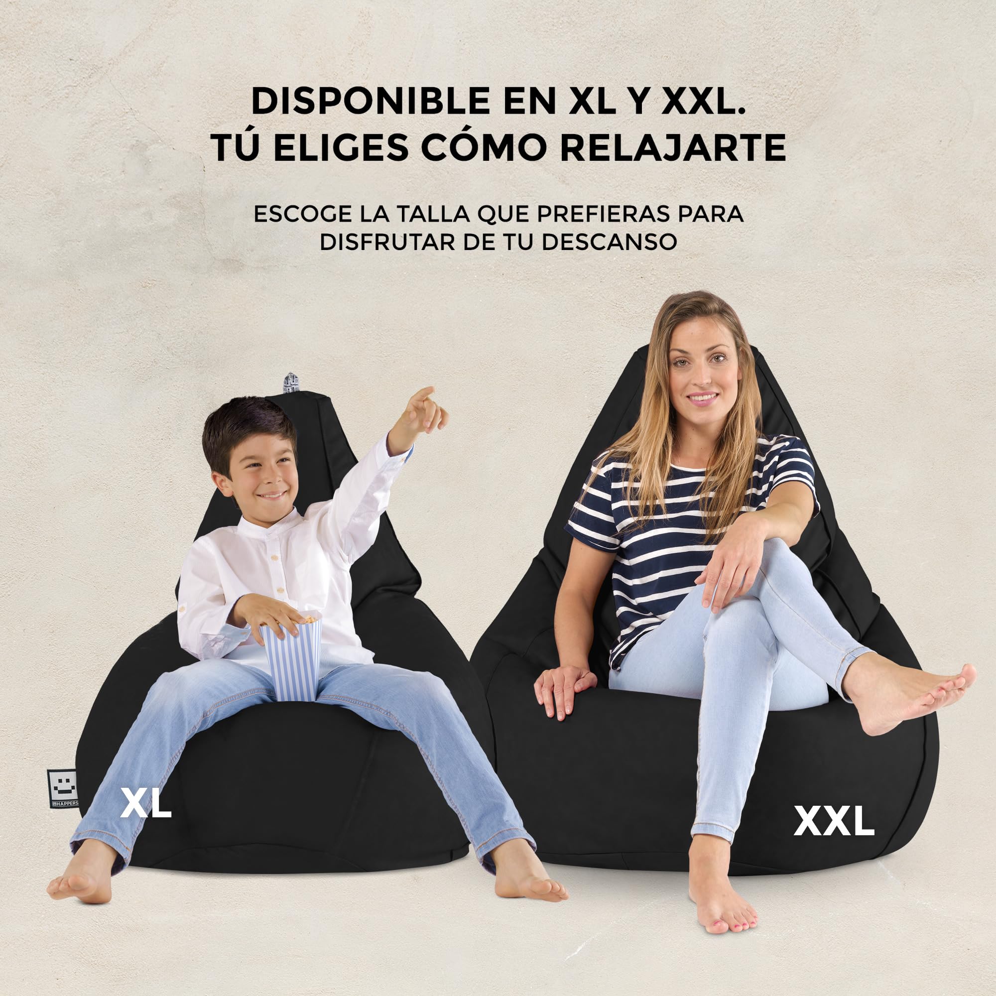 HAPPERS Puff Pera para Salón y Dormitorio con Relleno | Polipiel Alta Resistencia | Sillón Relax Ergonómico Infantil y Juvenil | Puff para Leer y Jugar | Negro 130x75 XL