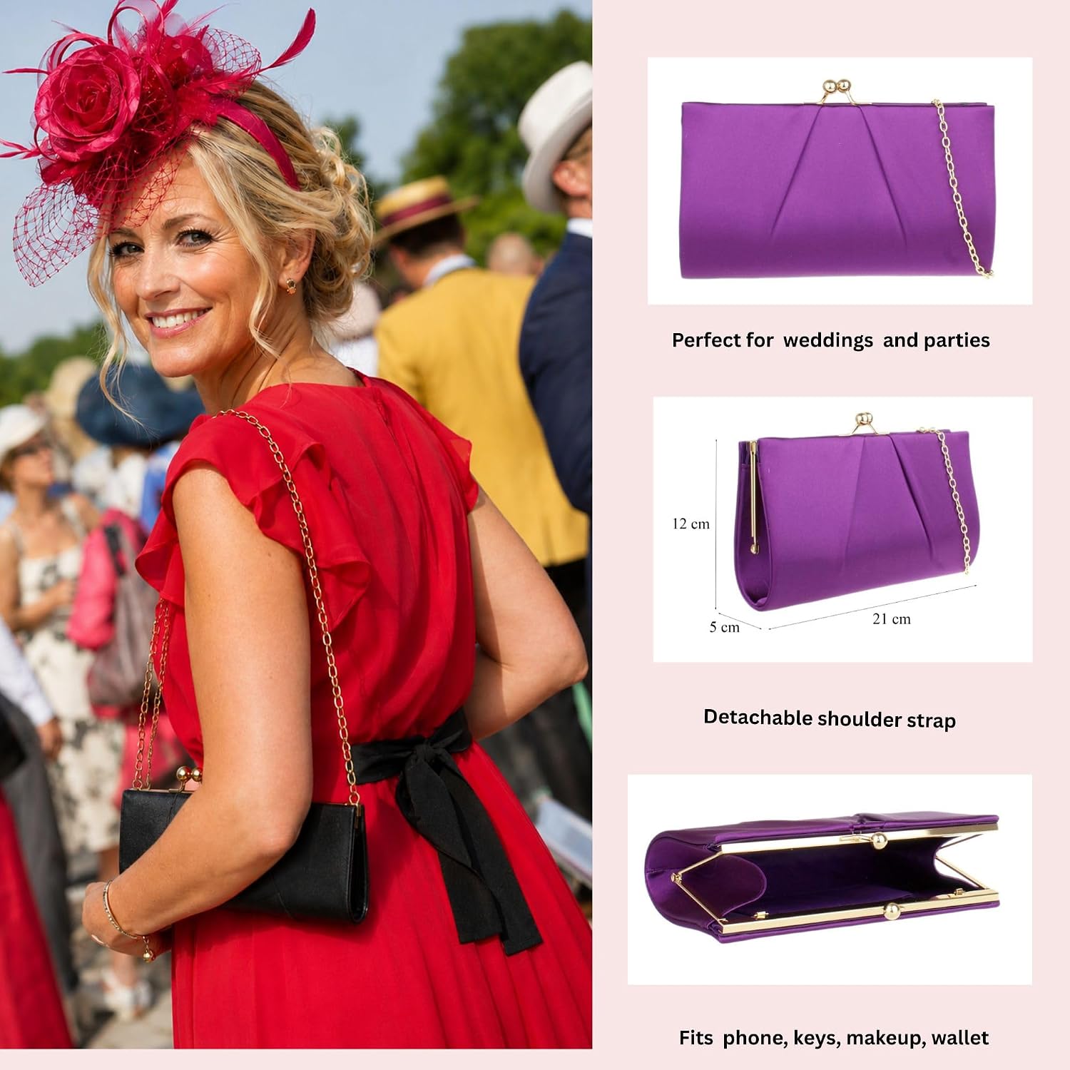 Girly HandBags Ball Clasp Clutch Bag - Purple, Purple, W 21, H 12, D 5 cm (W 8, H 5, D 2 inches)