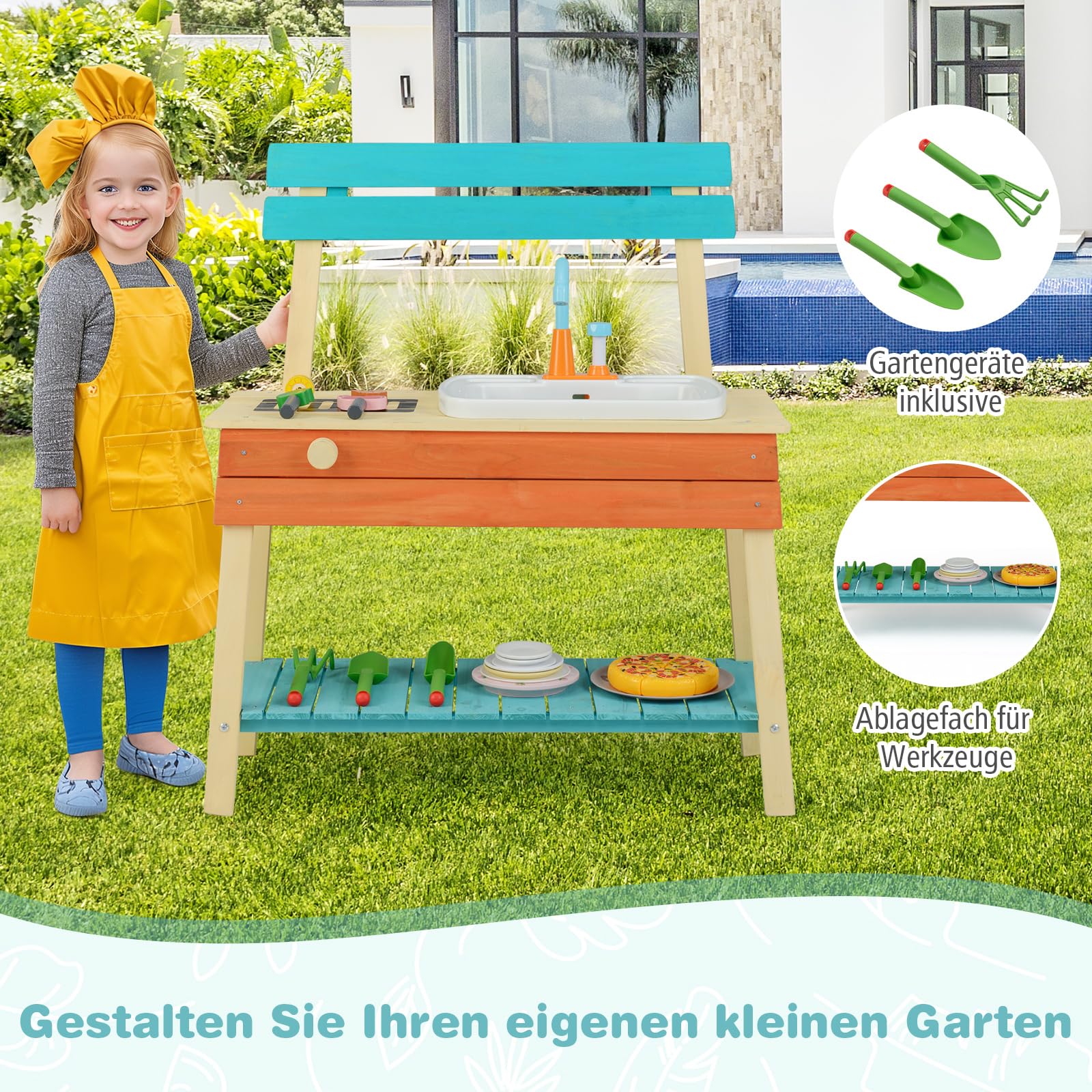 COSTWAY Matschküche Kinder Outdoor, Kinderküche Holz mit Wasserhahn & Grill, inkl. Holzspießen, Lebensmitteln & Gartenzubehör, Outdoorküche für Kinder ab 3 Jahren