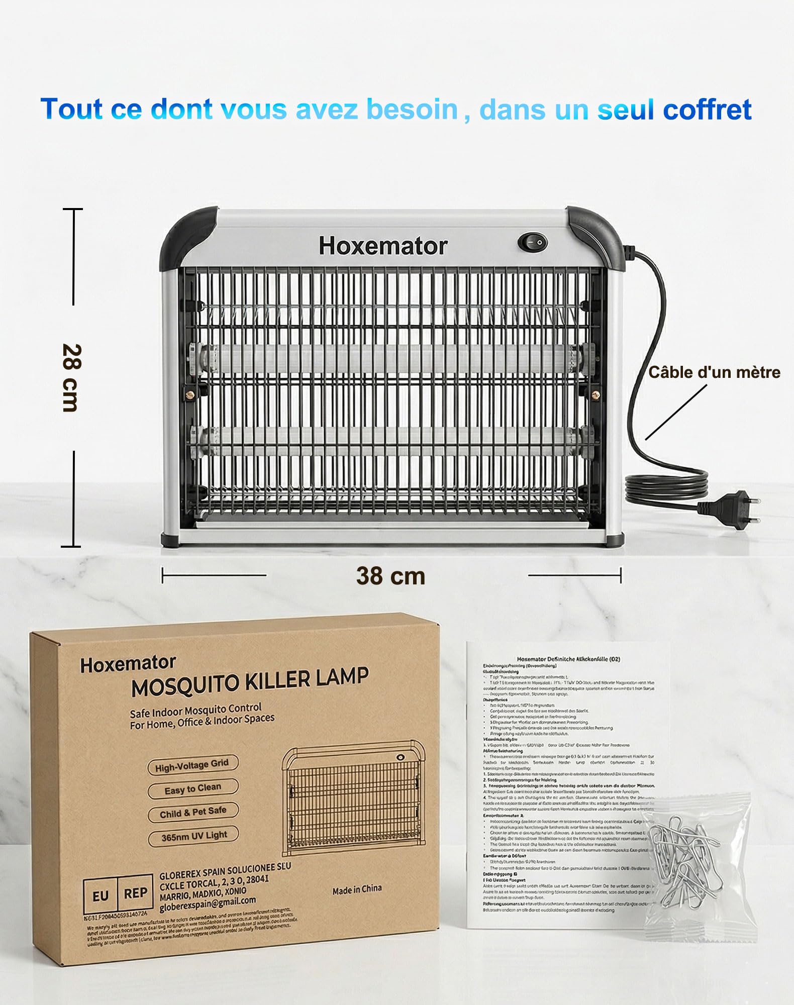 Lampe Anti Moustique Électrique 20W Piège à Moustique Intérieur/Extérieur avec UV 365 nm, 2000V Grille Haute Tension Tue Mouche Efficace Destructeur d’Insectes pour Habitat,Terrasse,Jardin