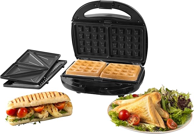 Progress EK3774P 3 in 1 Snack Maker, 850 W, Removable Interchangeable Non-Stick Cooking Plates, Easy to Clean, Cool Touch Handles, Ideal for Waffles, Paninis and Toasted Sandwiches, Black